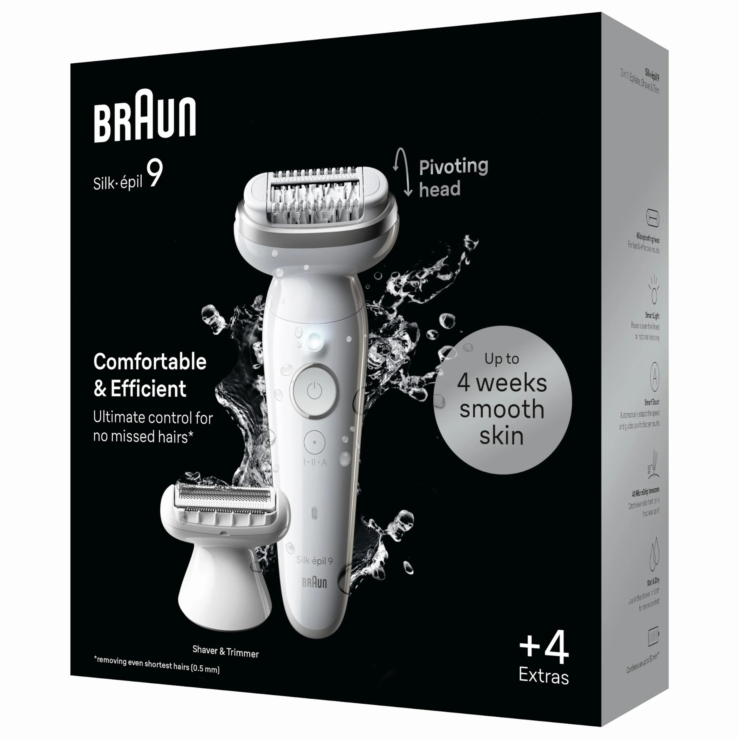 Braun Silk-épil 9, depilator damski/depilator do długotrwałego usuwania włosów, nasadka do golenia, nasadka trymera, 9-041, biały/srebrny
