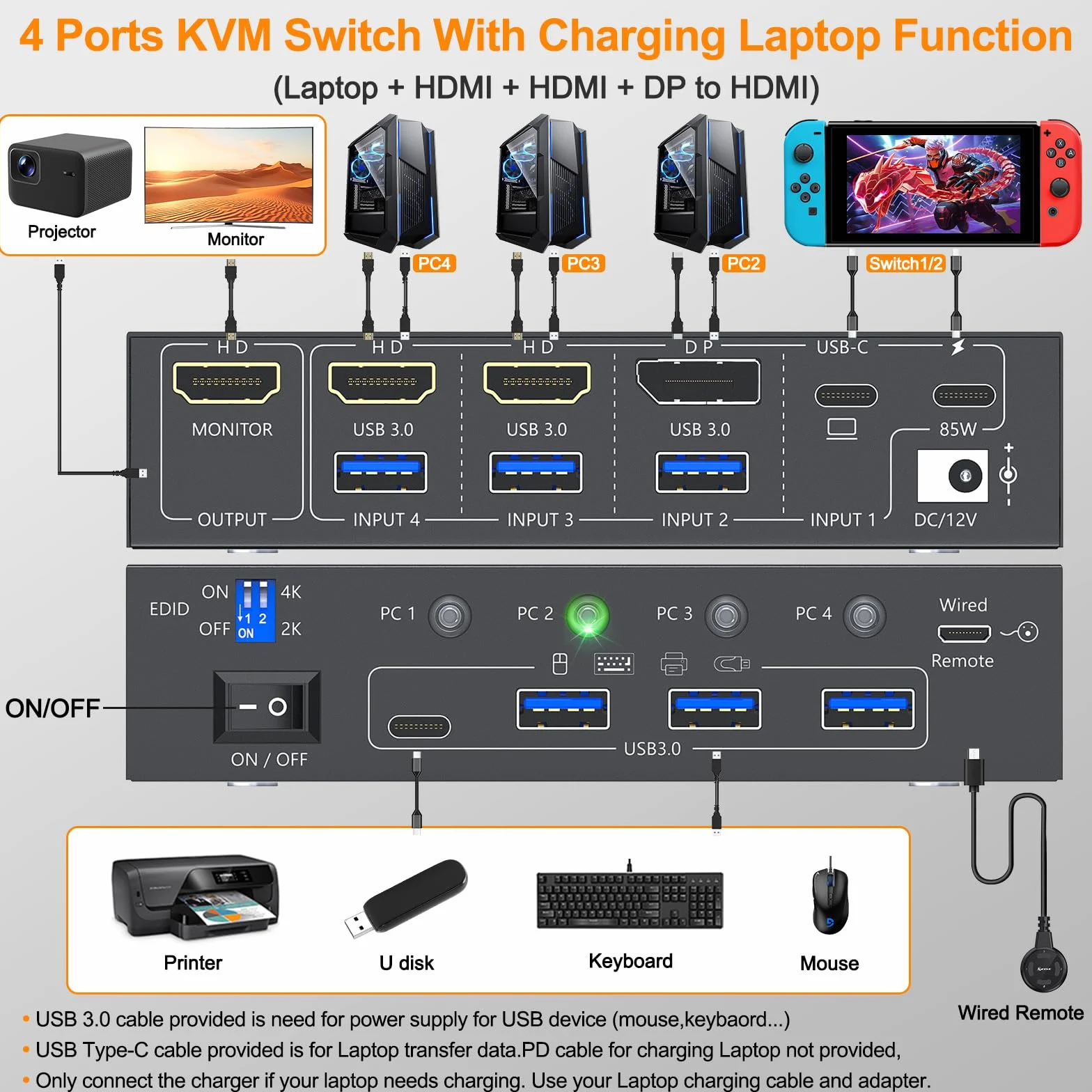 KVM Switch 1 monitory 4 PC, 4K @ 60 USB C+ Displayport + przełącznik HDMI KVM z 4 portami USB 3.0, klawiaturą i kontrolerem biurkowym