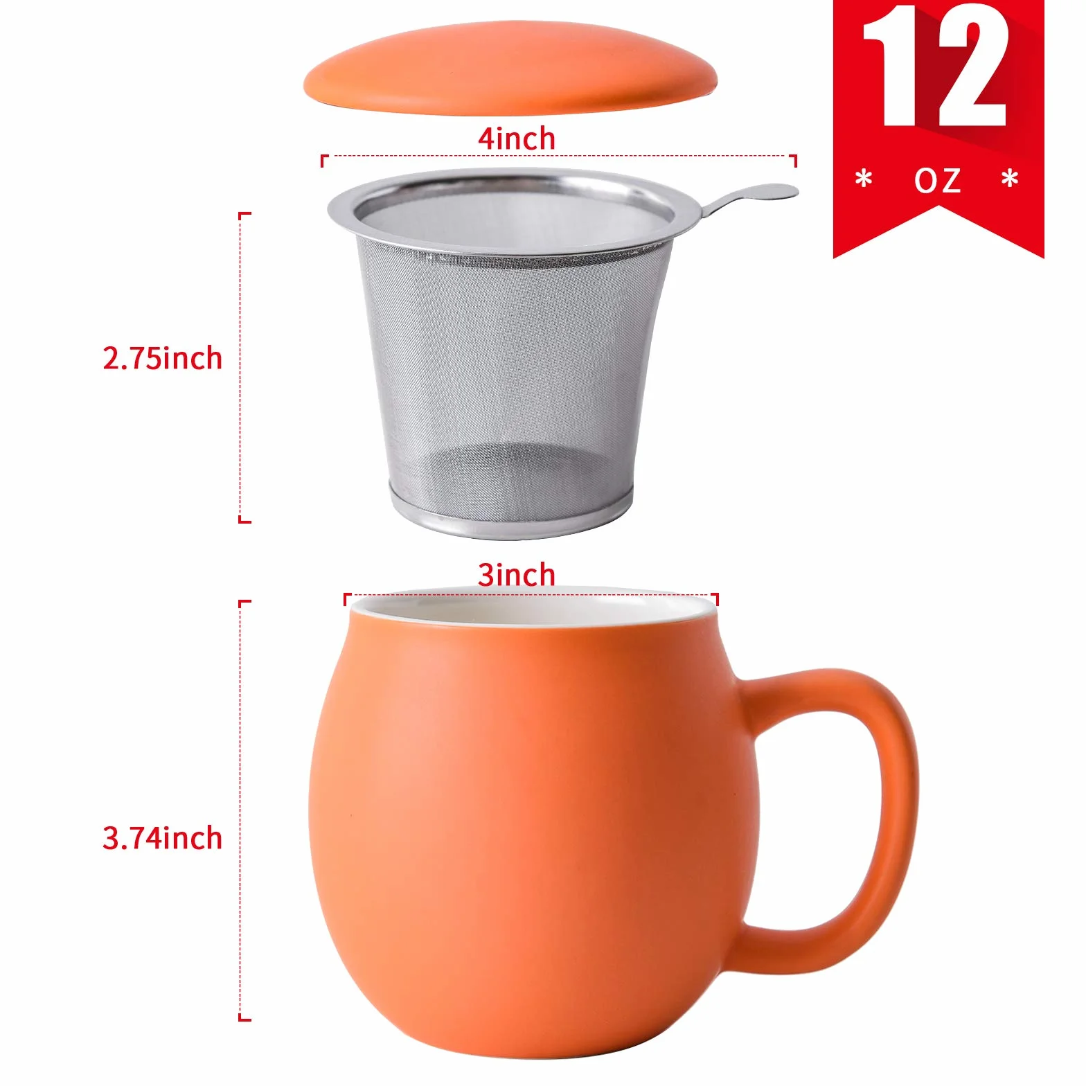 Yundu Filiżanka porcelanowa 360 ml z zaparzaczem i pokrywką, matowy pomarańczowy
