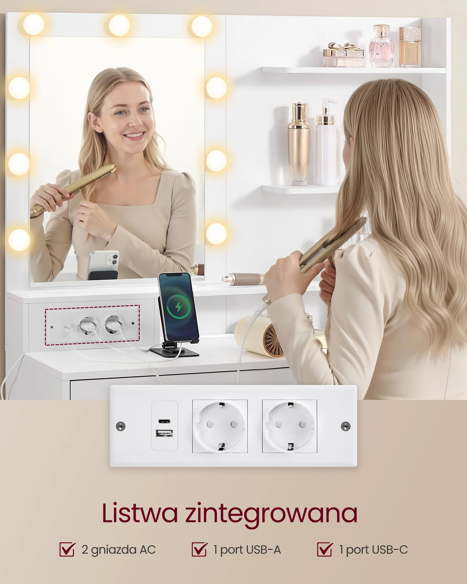 VASAGLE Toaletka z lustrem LED i gniazdkiem, regulowana jasność, 8 szuflad, 2 półki, kształt L, biała