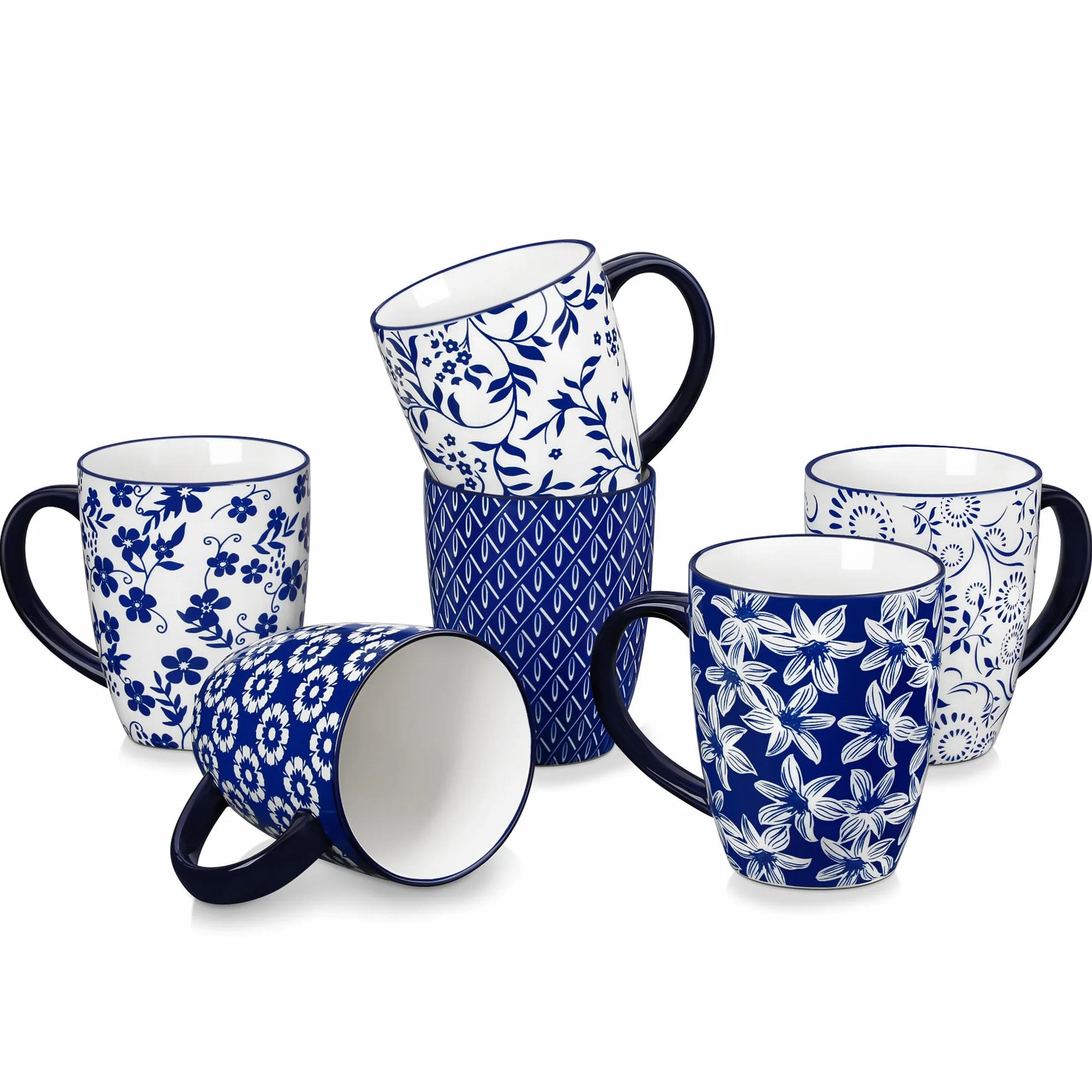 Vancasso Zestaw 6 kubków Selene 480 ml ceramiczne filiżanki do kawy vintage niebiesko-biały