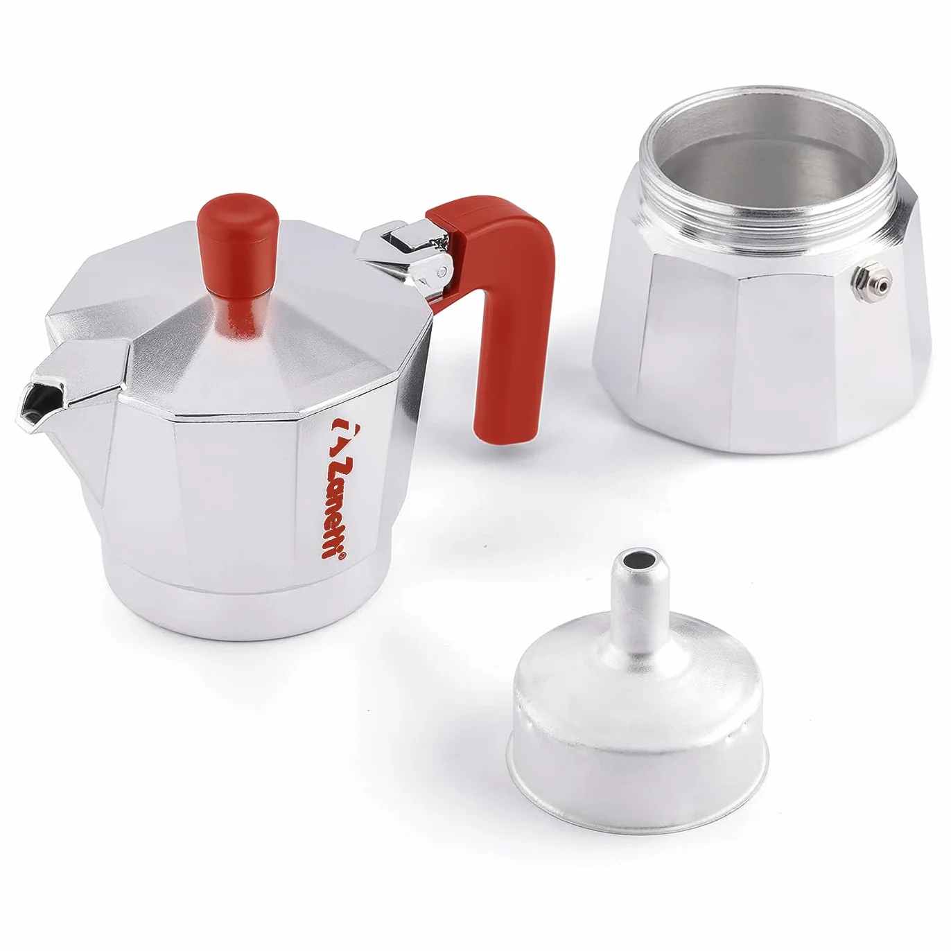 Zanetti, Mama Red Edition, Aluminiowy dzbanek do kawy, ekspres do kawy, 2 filiżanki, Moka Espresso z systemem zapobiegającym upadkowi, silikonowa uszczelka, ergonomiczny uchwyt, kolor czerwony