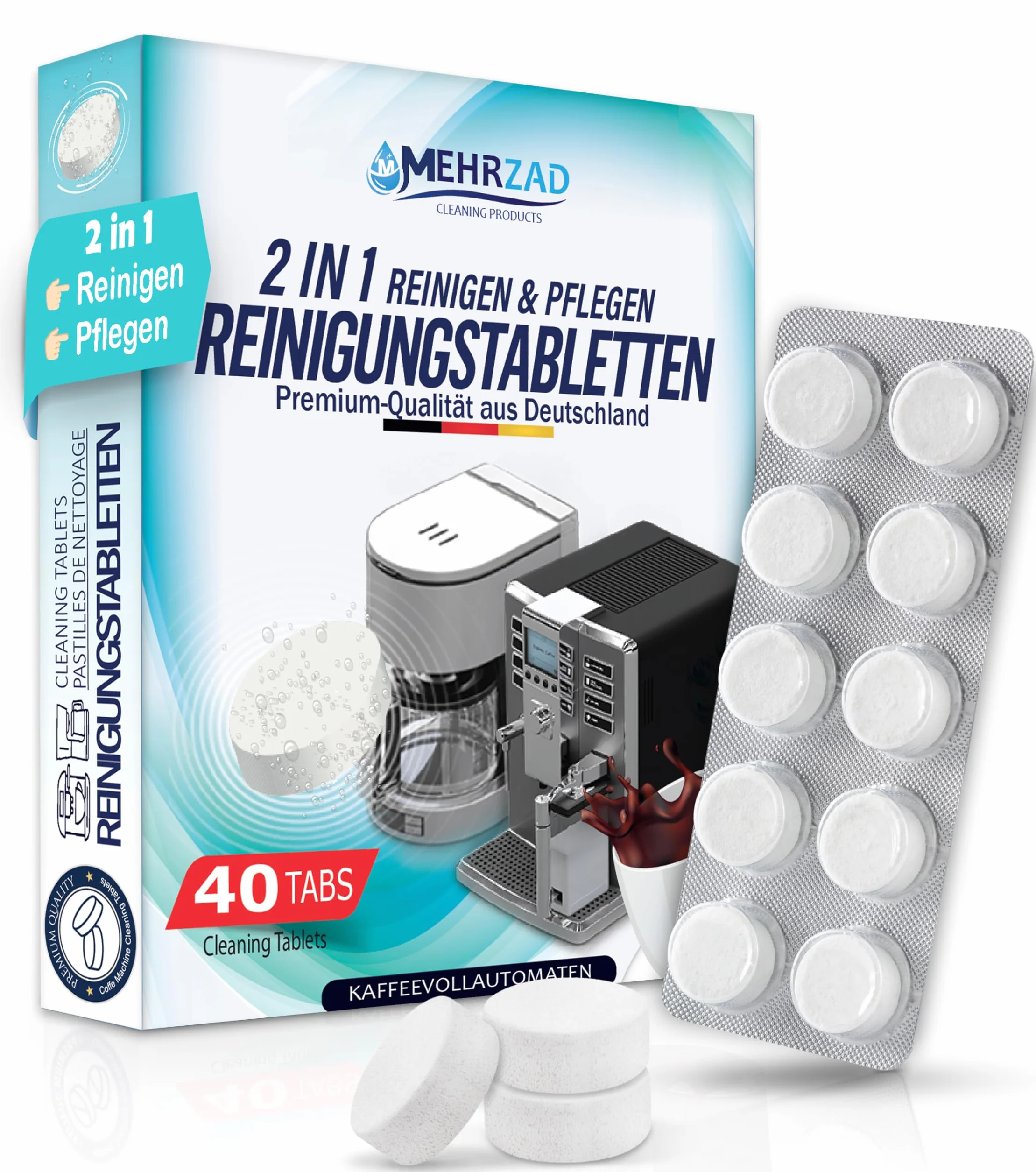 Tabletki czyszczące do ekspresu do kawy, kompatybilne i przetestowane dla Siemens EQ-Series i Krups, 40 x 2 g, przyjazne dla środowiska, bardzo mocna formuła czyszcząca „Made in Germany”