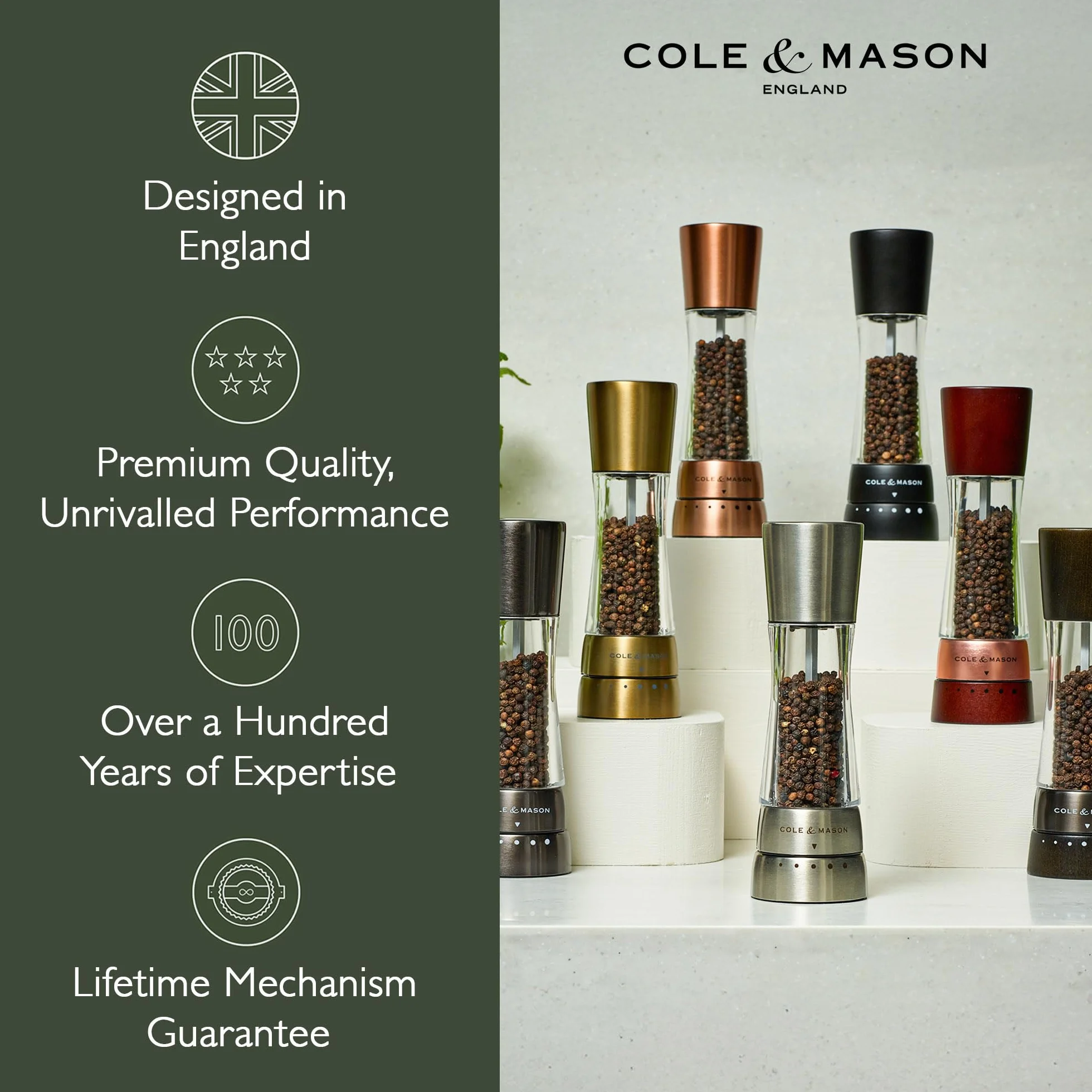 Cole & Mason Derwent Gunmetal młynki do soli i pieprzu, regulowane ustawienia mielenia, Gourmet Precision+, stal nierdzewna/akryl, 190 mm, zestaw prezentowy, zawiera 2 młynki do soli i pieprzu