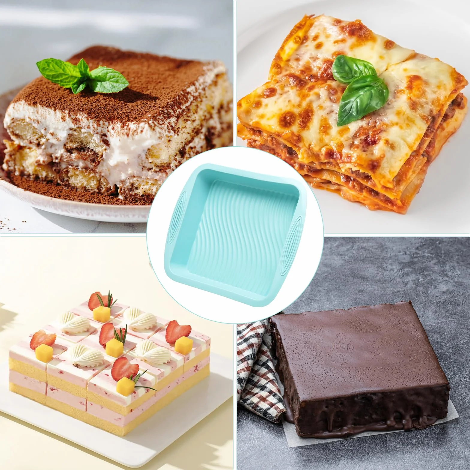 VOSSOT Silikonowa forma do pieczenia brownie, prostokątna, 20 × 20 × 5 cm, silikonowa forma do pieczenia brownies, tiramisu z biurem i skrobakiem