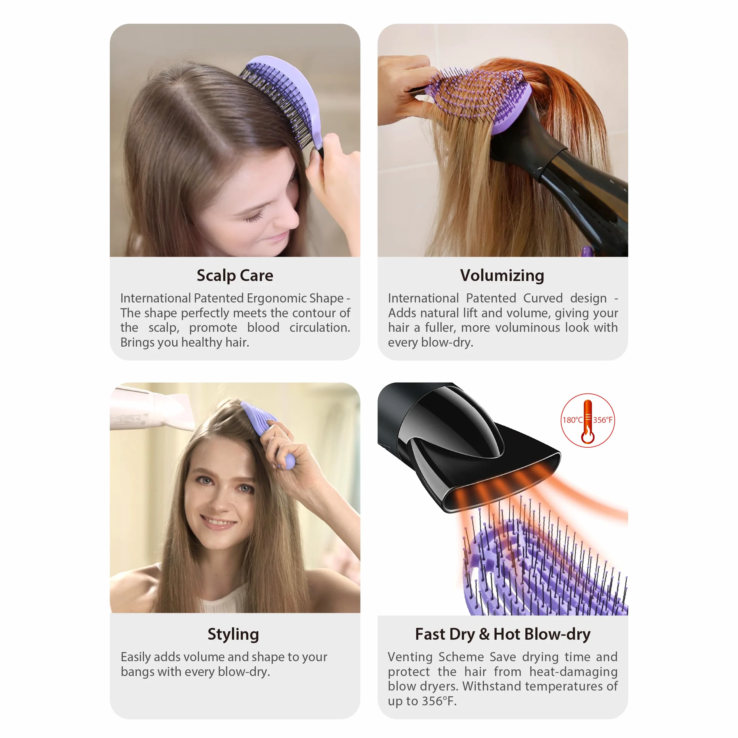 NuWay 4HAIR Opatentowana w USA podwójna zakrzywiona szczotka do rozczesywania DoubleC nadaje się do suszenia włosów (fioletowa)