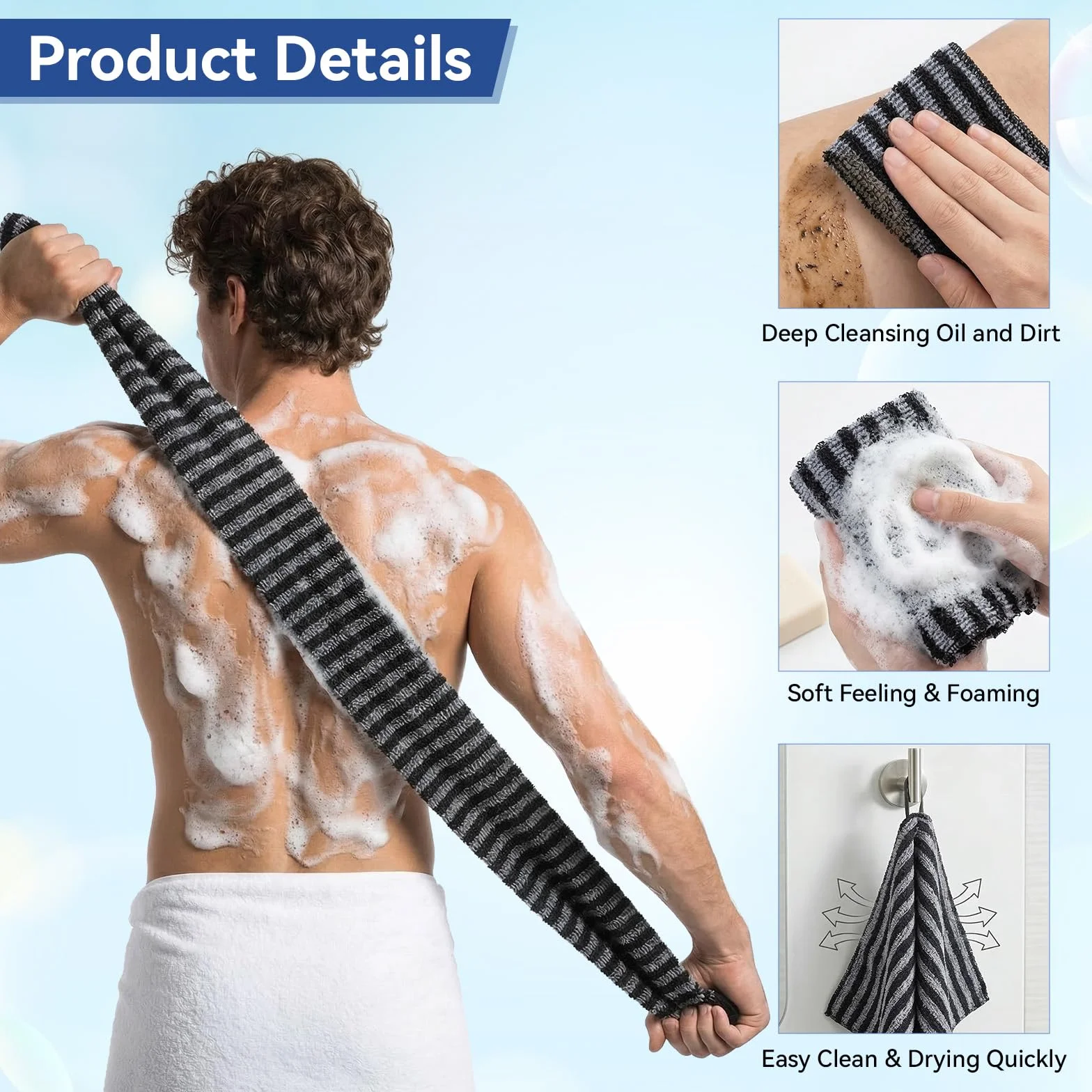 Japoński ręcznik złuszczający, ściereczka do mycia twarzy, 2 w 1, peeling do ciała z 2 stronami, dla kobiet, mężczyzn, peeling do ciała, do czyszczenia i spa, 2 szt., czarny