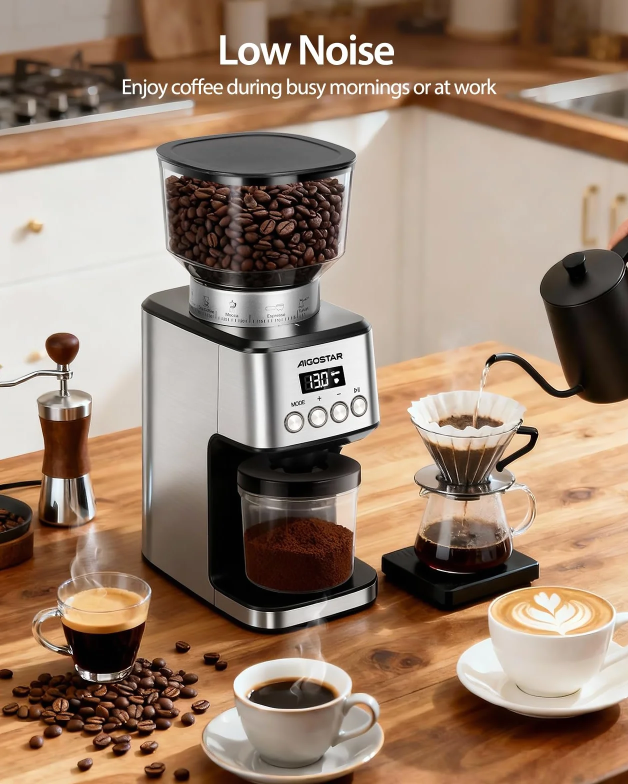 Aigostar Elektryczny Młynek do Kawy z 52 Stopniami Mielenia, Młynek Stożkowy Nadający się do Espresso, Profesjonalny Elektryczny Młynek do Kawy z Precyzyjnym Wyświetlaczem Cyfrowym