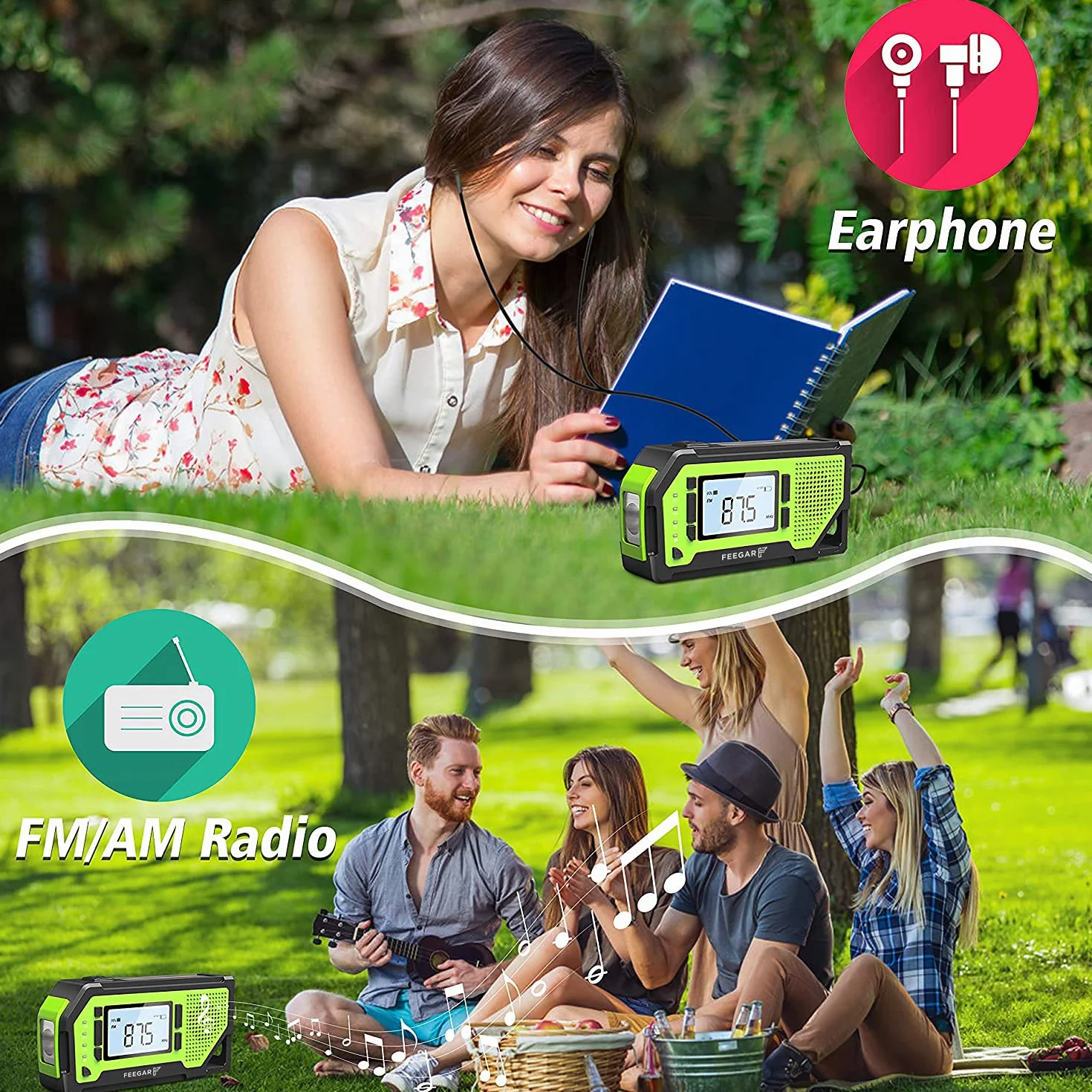 Radio z korbą Feegar Oze Pro na wypadek sytuacji awaryjnych, radio pogodowe AM/FM przenośne, survivalowe z latarką LED, powerbank 2000mAh, alarm SOS, USB, jack 3.5mm, otwieracz do butelek