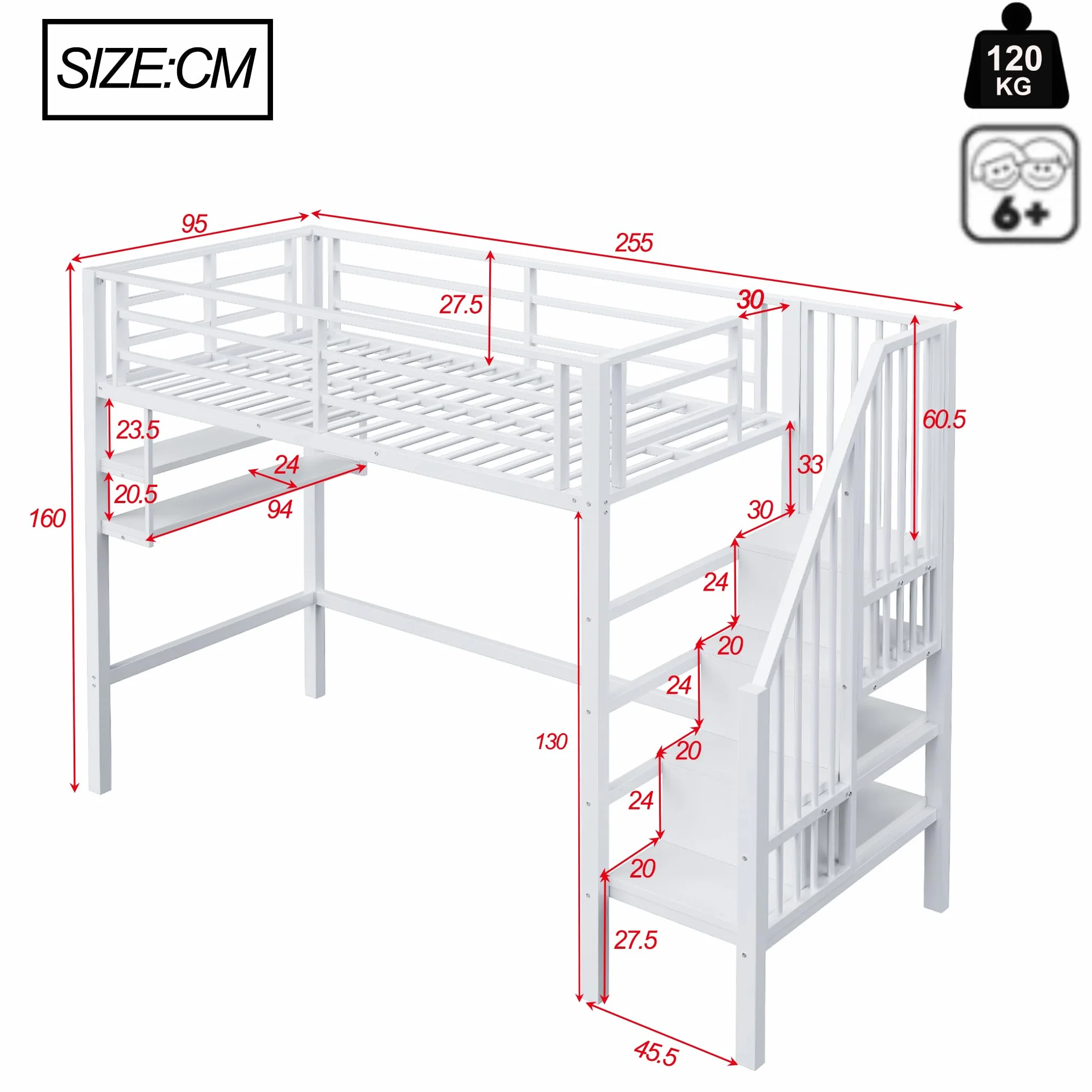 Dolamaní Łóżko piętrowe 90 x 200 cm metalowa rama z miejscem do przechowywania białe