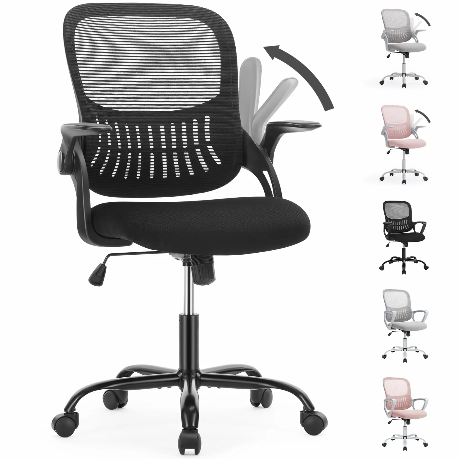 Sweetcrispy Krzesło biurowe ergonomiczne z regulowanymi podłokietnikami, podparciem lędźwiowym, regulacją wysokości, obrotowe 360°