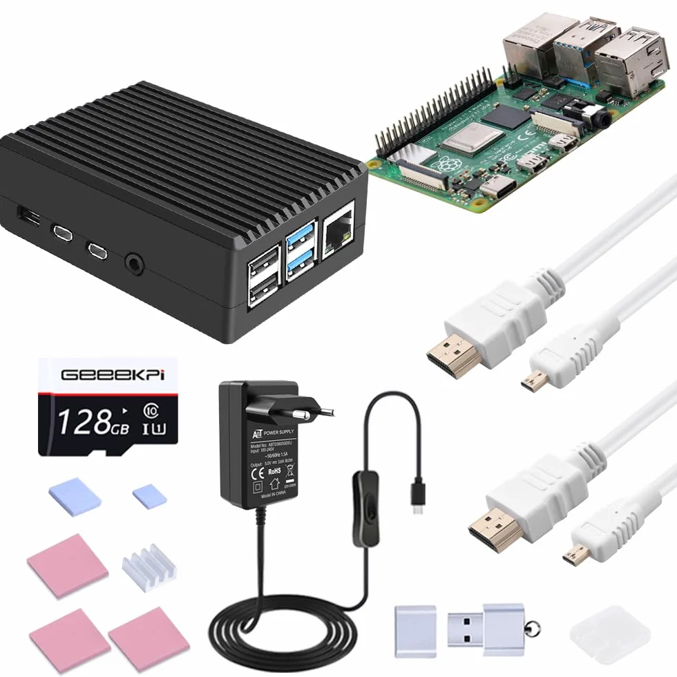 GeeekPi Zestaw startowy dla Raspberry Pi 4 8 ​​GB, płyta Pi 4 8 ​​GB RAM, karta SD 128 GB i karty SD, pasywna konstrukcja aluminiowa, 5 V 3,6 A Netzteil z EIN-/Ausschalter, 2 szt. Kabel HDMI 4K