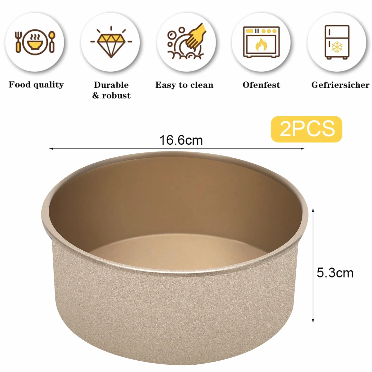 IVEOPPE Okrągła forma do pieczenia, okrągła, 15 cm, 2 sztuki, okrągła forma do ciasta ze stali nierdzewnej z powłoką zapobiegającą przywieraniu, nadaje się do ciast, ciast, ciast, lasagned, złota