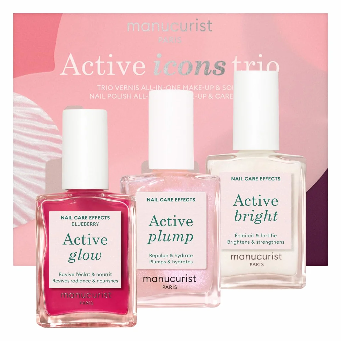 Zestaw świąteczny Manucurist Active Icons Trio – lakiery do paznokci Active Glow Blueberry, Shine, Plump – odżywka wzmacniająca – rozświetlający zabieg – lakiery i pielęgnacja – prezenty