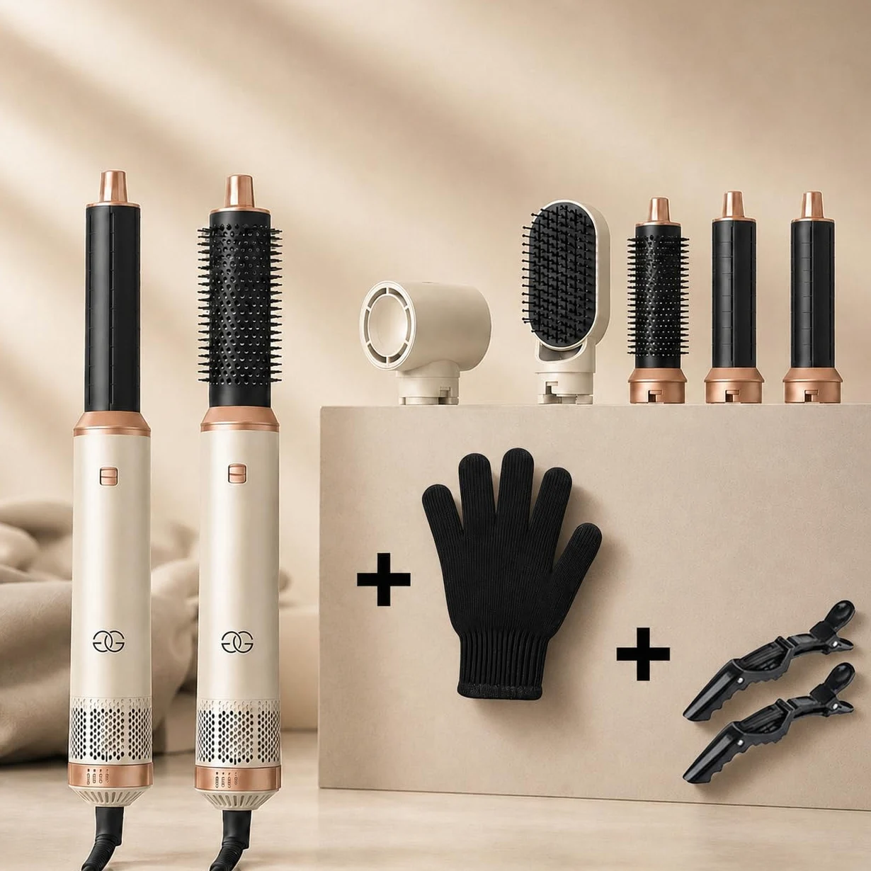 Golden Goods Airstyler Lokówka 5 w 1 - Szczotka do loków - Wielofunkcyjna suszarka do włosów z 5 nasadkami - Prostownica 1000 W - edycja sandstone