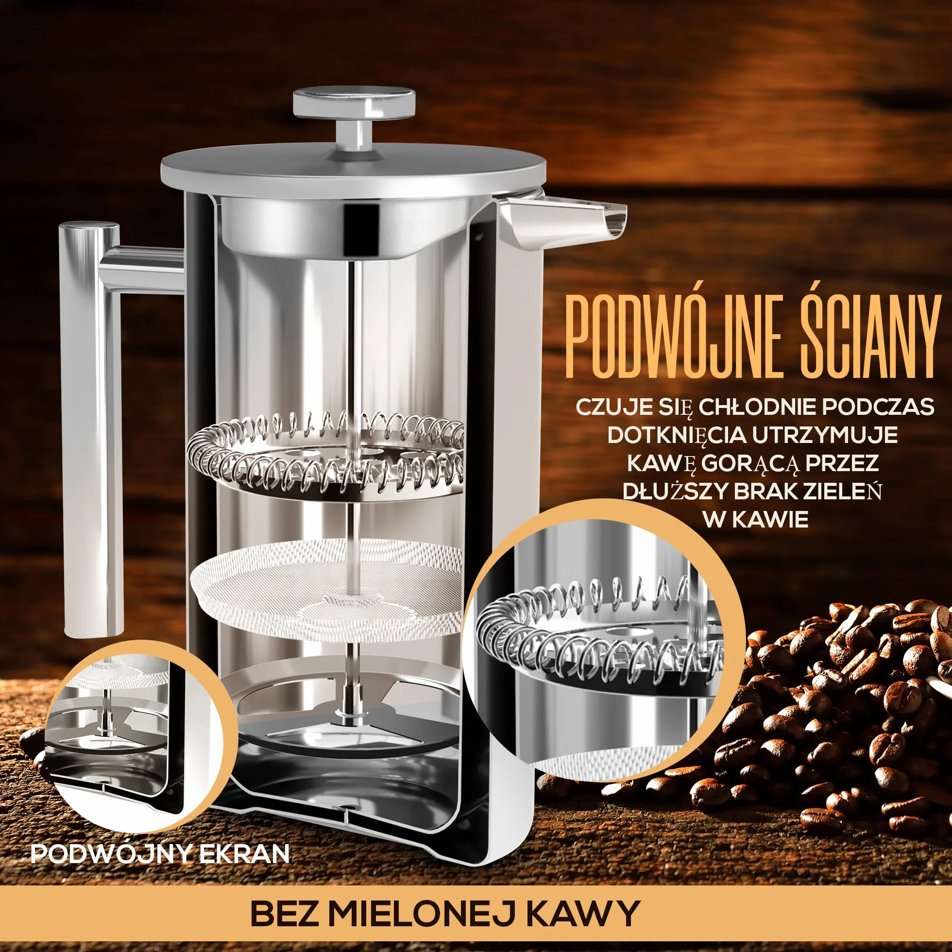 KICHLY Ekspres do kawy ze stali nierdzewnej 34 oz (1,0 litra) z potrójnymi filtrami