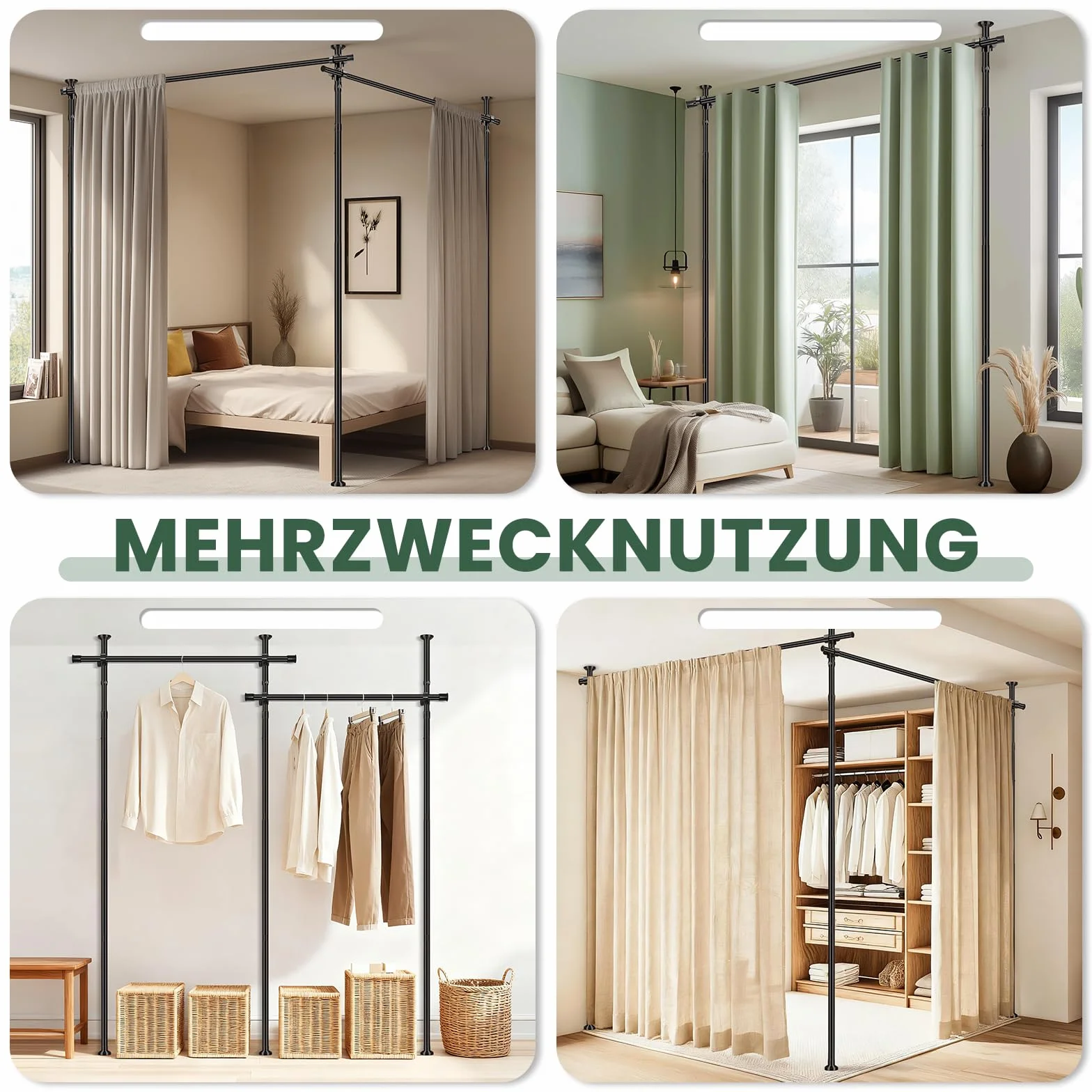 JILRON Karnisz do firanek bez wiercenia, ścianka działowa, drążek sufitowy, regulowany (wys. 110-300 x szer. 183-508 cm) do salonu, wynajmowanego mieszkania, czarny