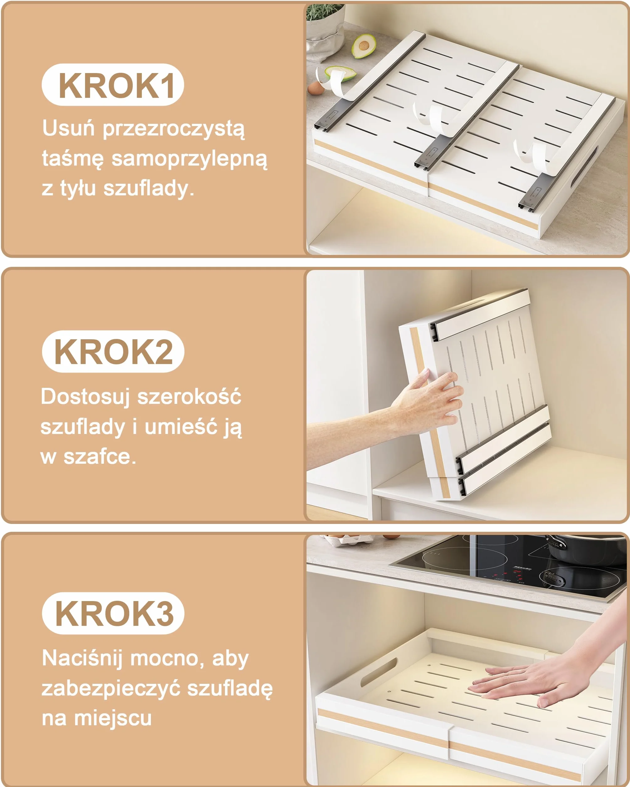 UMDONX 2 sztuki szuflada teleskopowa, wysuwana szuflada kuchenna, metal organizer szafki kuchennej, nie wymaga wiercenia i przybijania gwoździ, biały