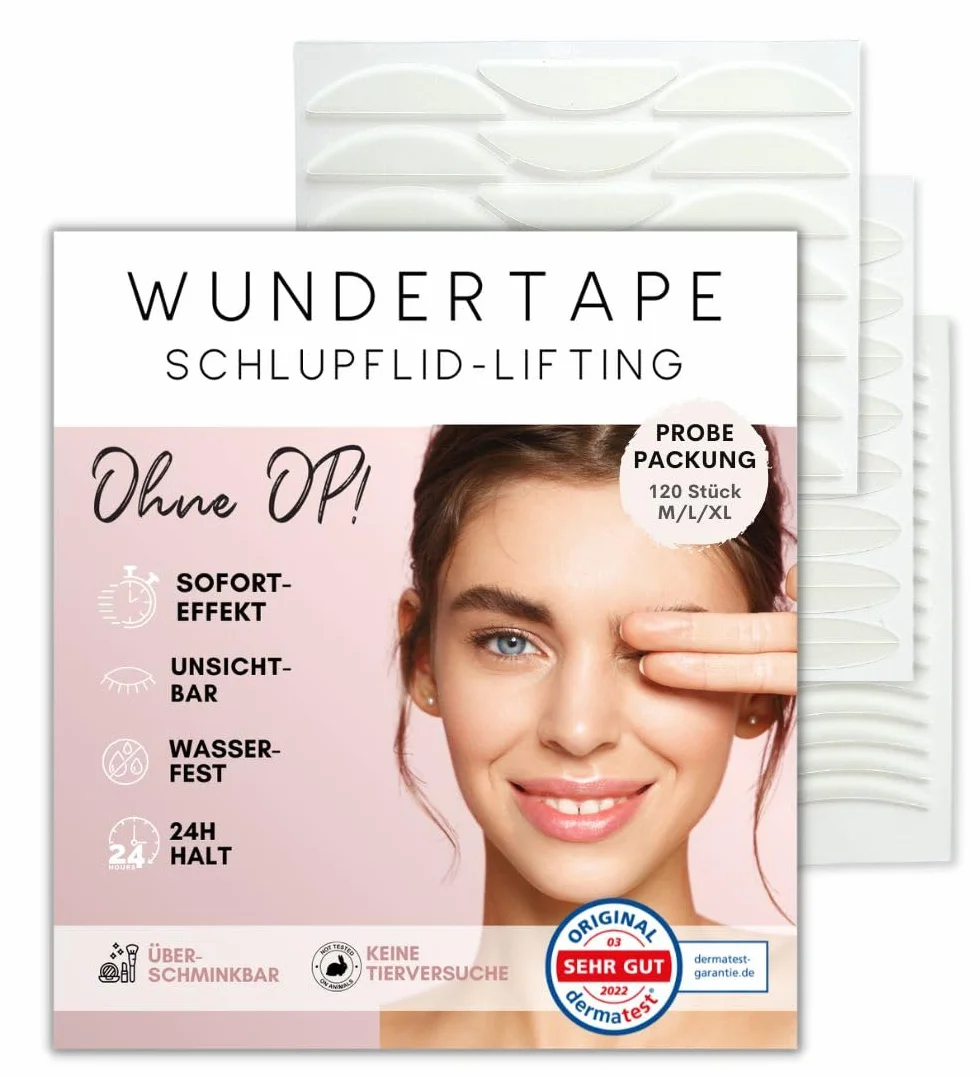 WUNDERTAPE Paski do opadających powiek bez operacji (wodoodporne, niewidoczne, utrzymują się przez 24 godziny), niewidoczne paski na powieki, rozmiar M + L + XL)