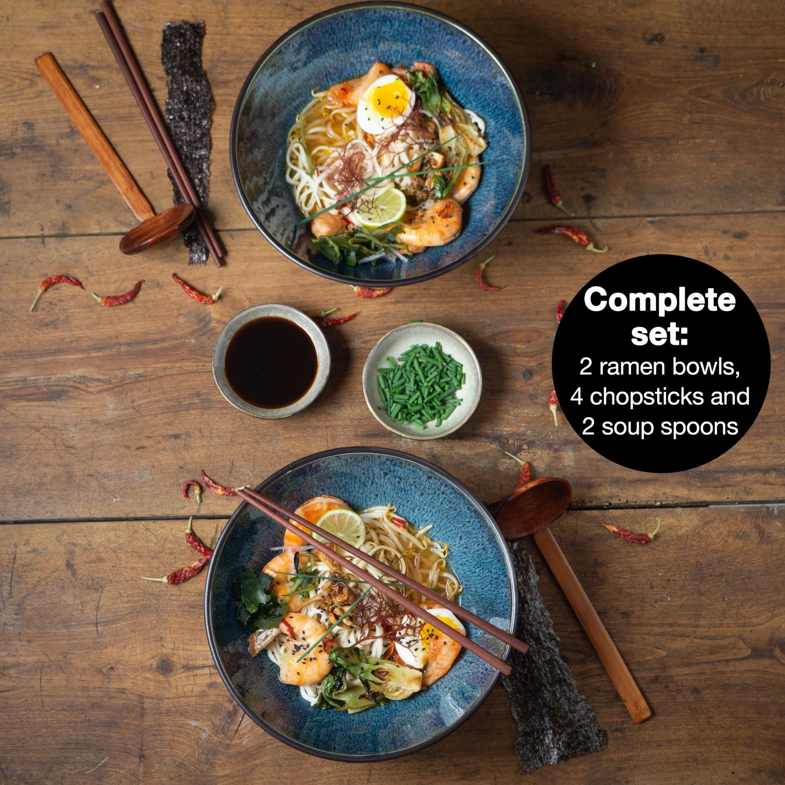 Moritz & Moritz SOLID Ceramiczna Miska Ramen 800-1300 ml Ø 24 cm Niebieski Zestaw dla 2 Osób z Pałeczkami i Łyżeczką
