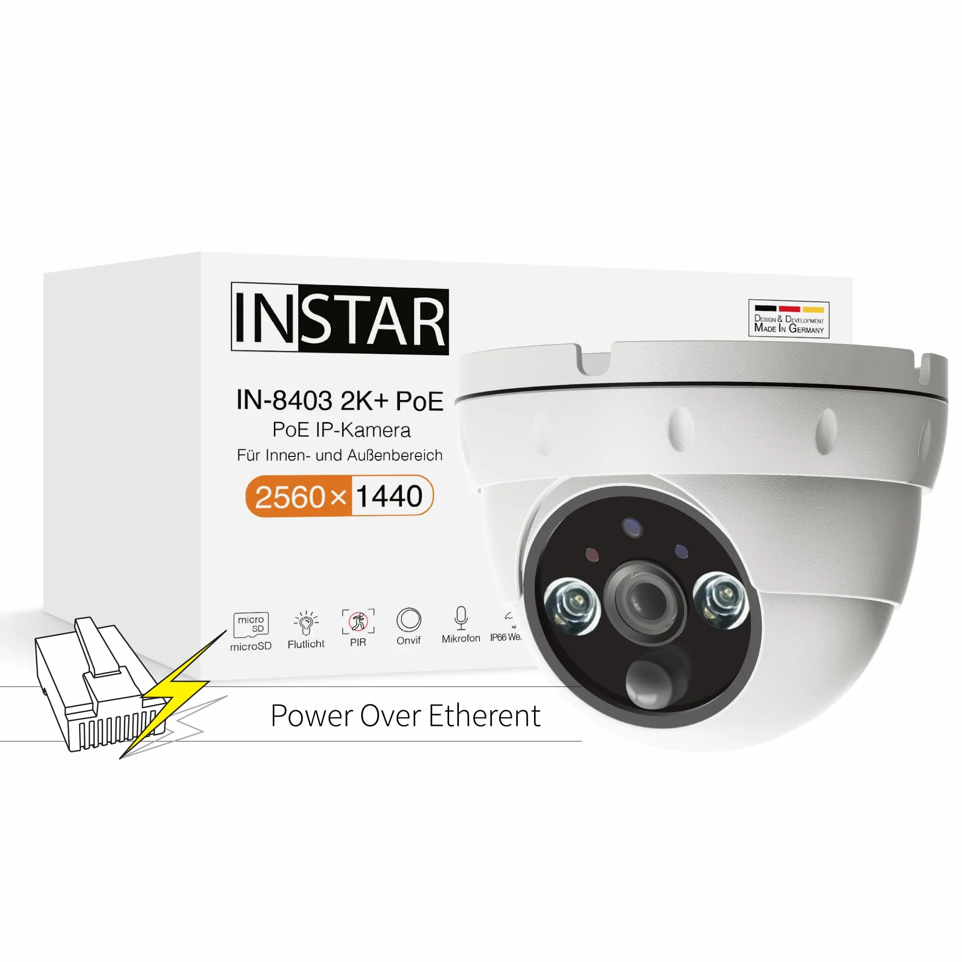 INSTAR IN-8403 2K + PoE biała - LAN/PoE kamera monitorująca z AI (AI), kamera IP, Power Over Ethernet, PIR, widoczność w nocy, do użytku wewnątrz i na zewnątrz, HomeKit - MQTT