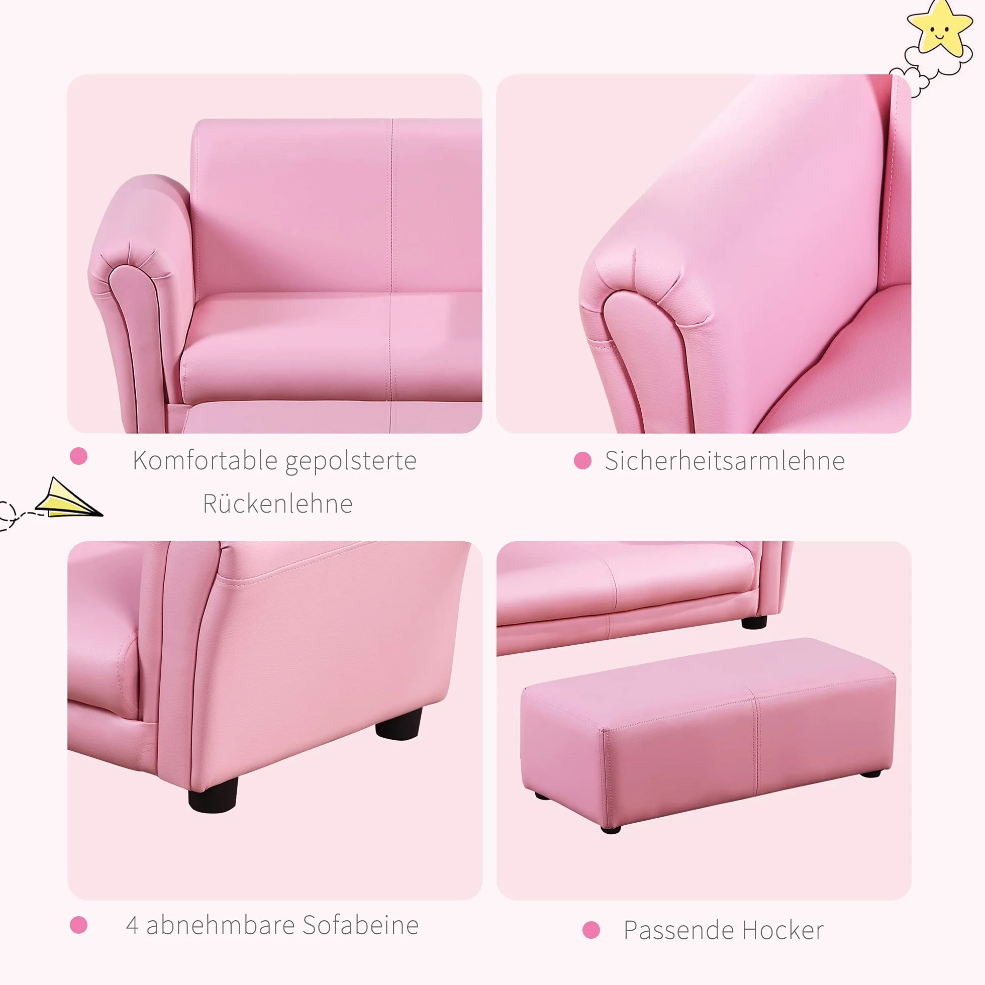 HOMCOM fotel dziecięcy z pufą różowy 83 x 42 x 41 cm