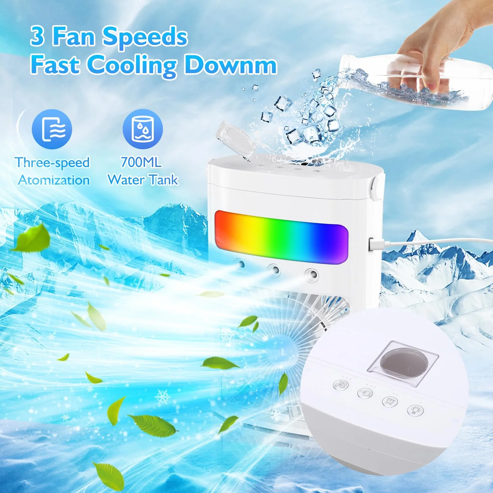 Mobilna klimatyzacja mini klimatyzator przenośny 700 ml chłodnica powietrza parowego 3 prędkości wentylator z chłodzeniem wodnym 7 LED USB Air Cooler czarny