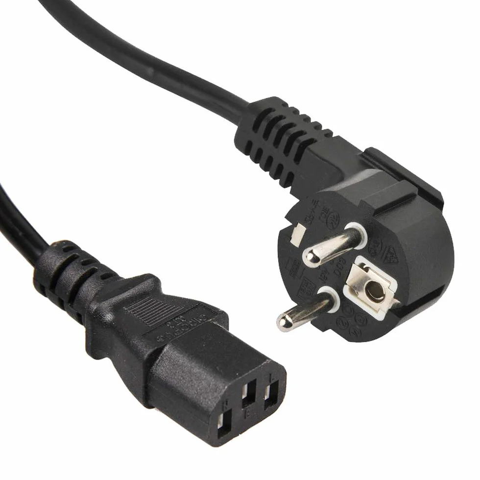 PremiumCord Kabel Zasilający 230V 2m, Kabel Zasilający ze Stykiem Uziemiającym pod Kątem do Gniazda C13, IEC 320, PC 3-pin, Kolor Czarny