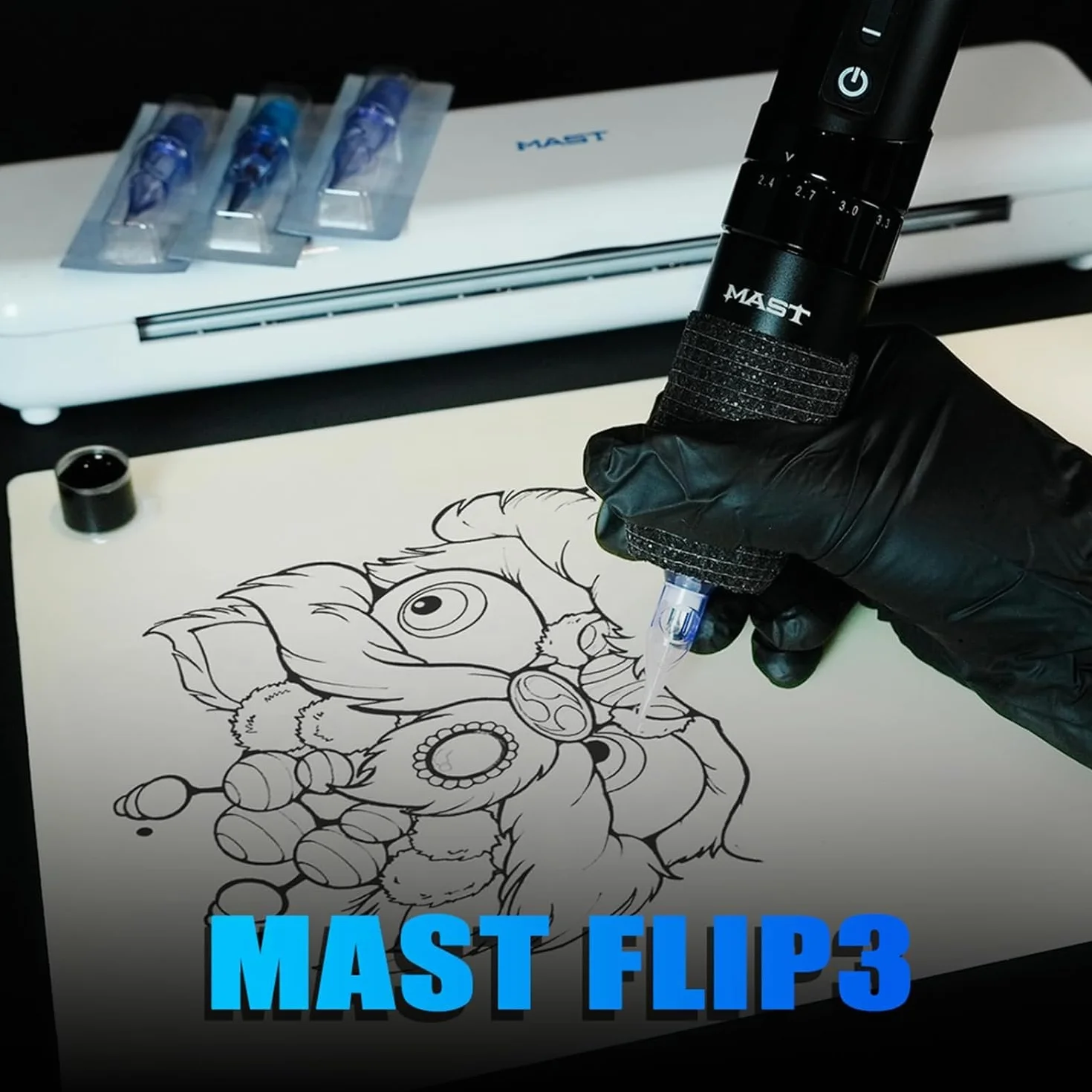 Maszt Flip3 zestaw do tatuażu bezprzewodowy długopis maszynowy 7 pociągnięć długość pistolet do tatuażu Pro igły kartridże 2 baterie zasilacz czarny kolor