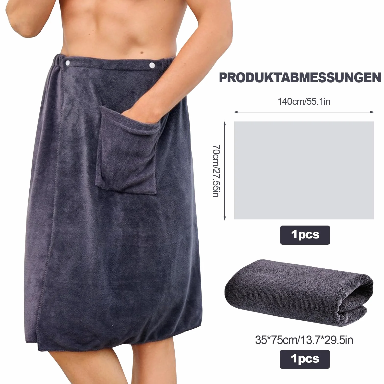 Męski kilt do sauny 70 x 140 cm szybkoschnący ręcznik z guzikami szary