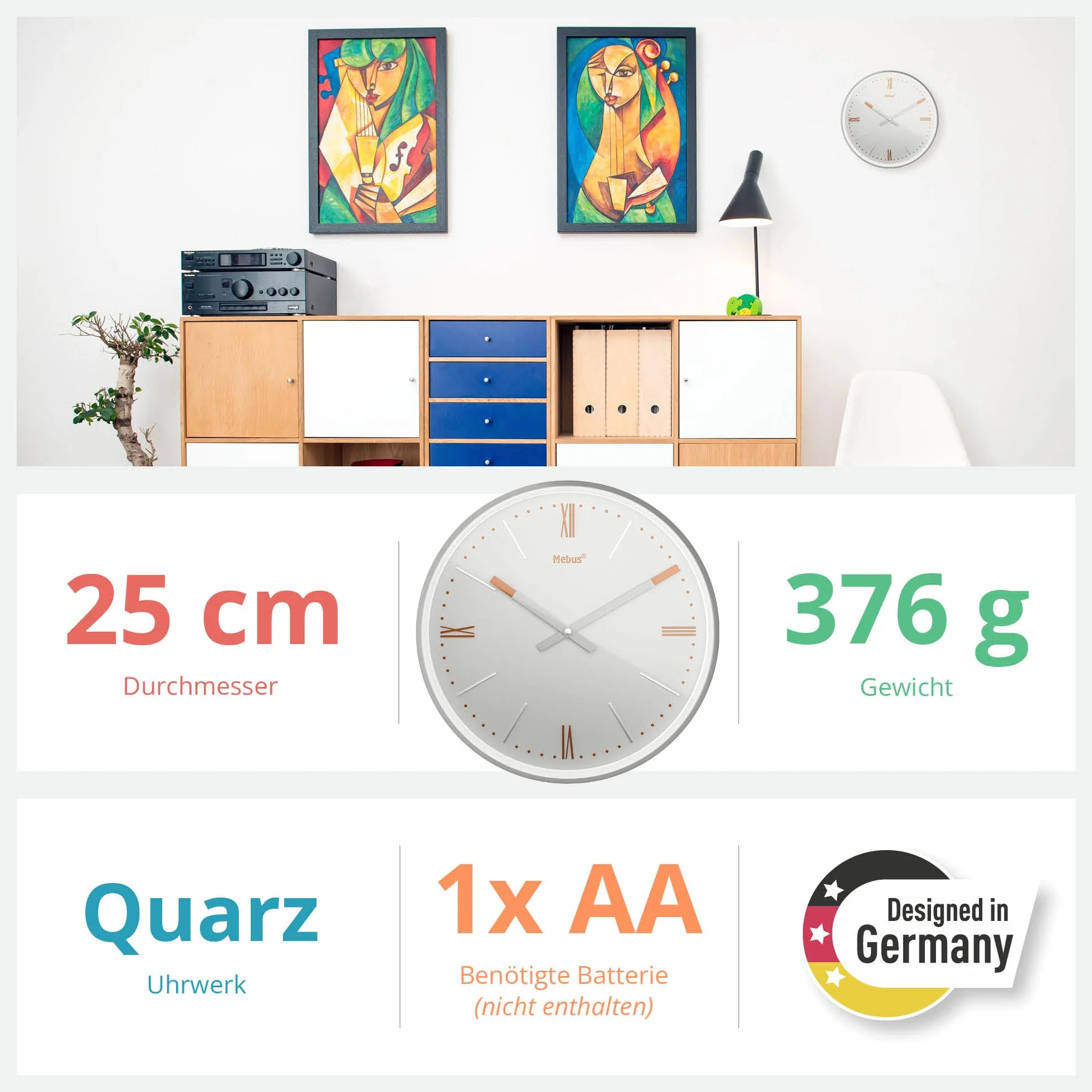 Mebus Mały radiowy zegar ścienny TinyTime z cyframi rzymskimi, zegar ścienny bez odgłosów tykania, średnica 25 cm, klasyczny cyferblat w kolorze jasnoszarym, srebrna obudowa, miedziane akcenty, 19779