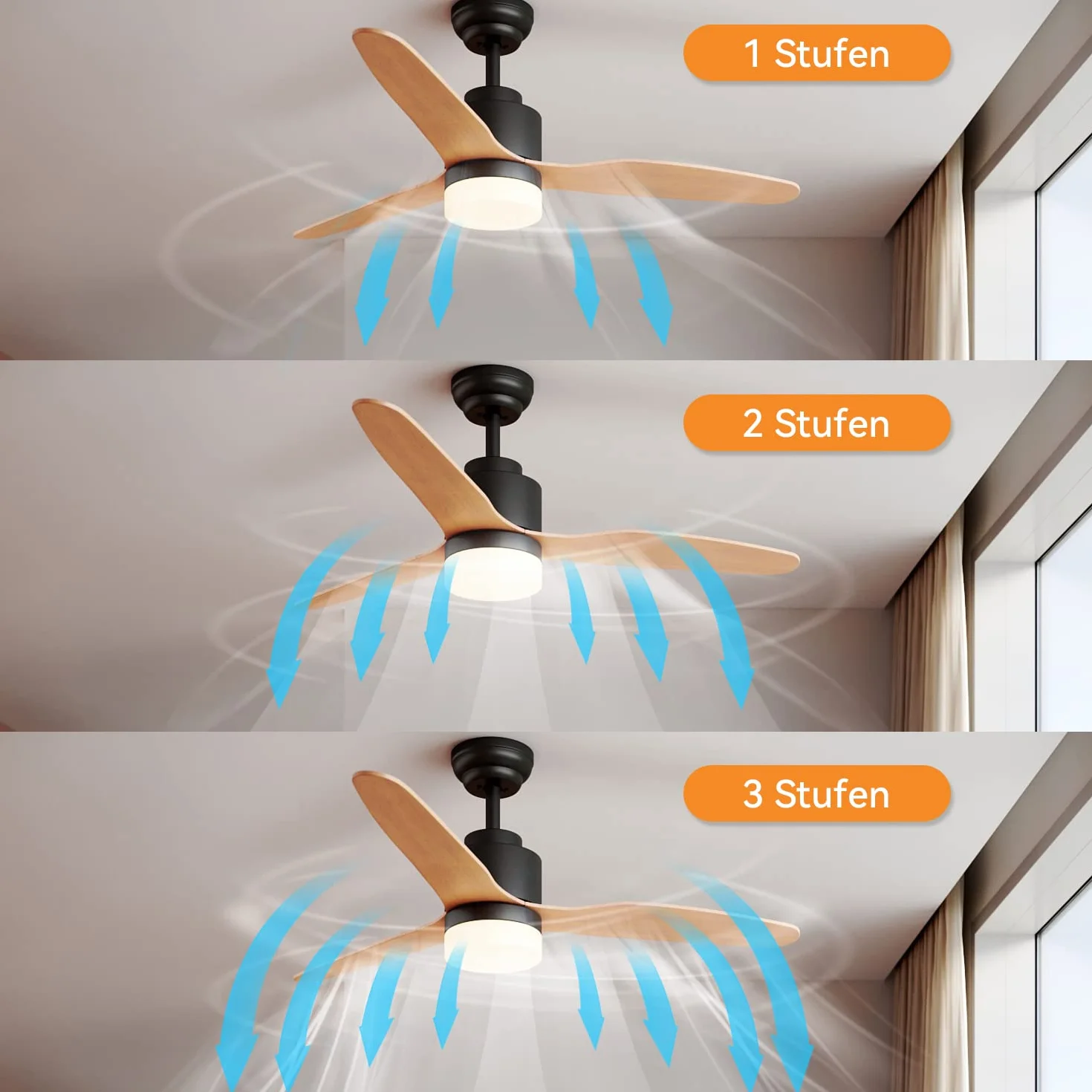 SONNI Wentylator sufitowy z oświetleniem i pilotem zdalnego sterowania, cichy, 3 temperatury barwowej 119 cm, czarny i drewniany, minimalistyczny design
