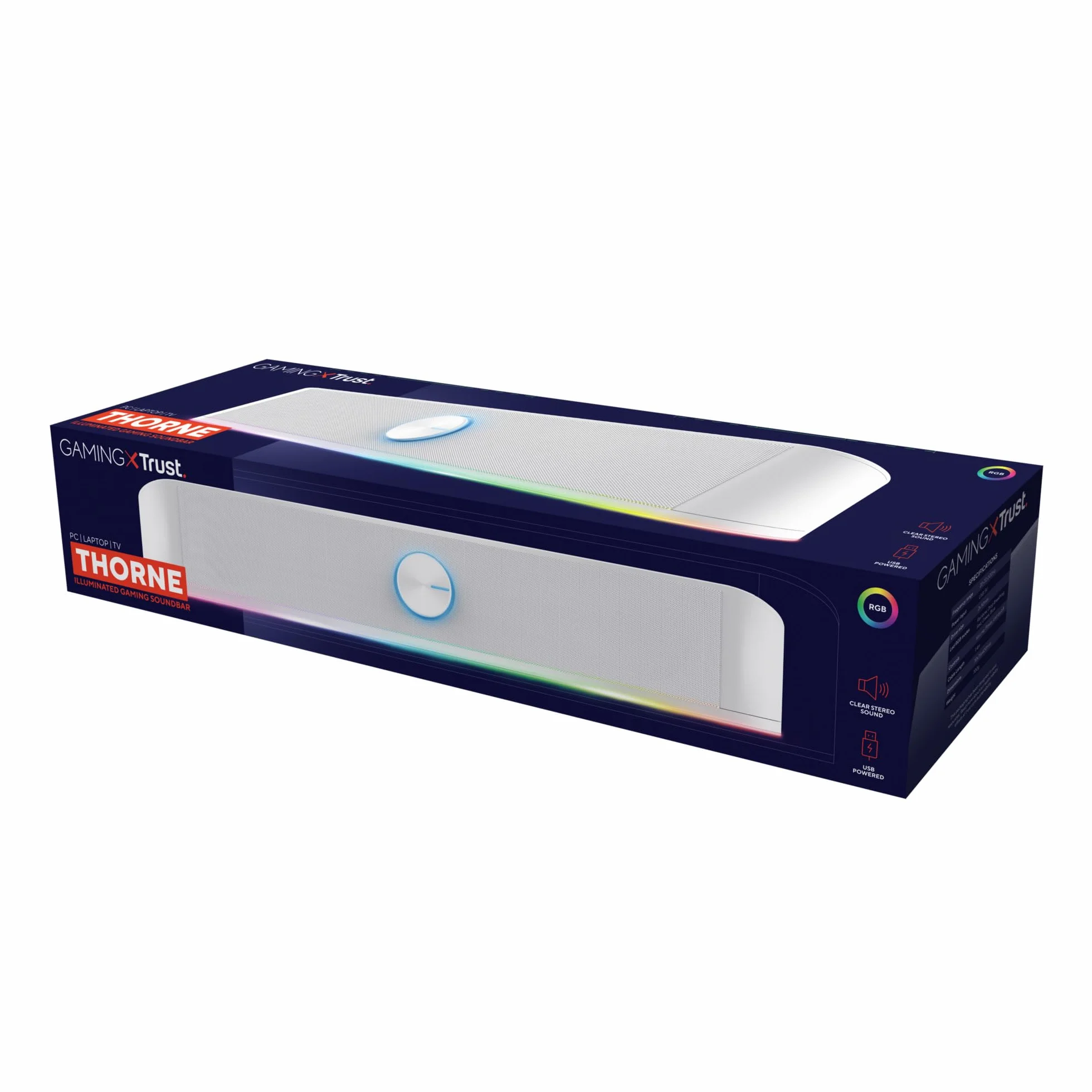 Trust Gaming GXT 619 W Thorne Soundbar z oświetleniem RGB 12 W, stereo głośniki komputerowe, jack 3,5 mm AUX, kompaktowy głośnik USB 2.0 do komputera stacjonarnego, laptopa – biały