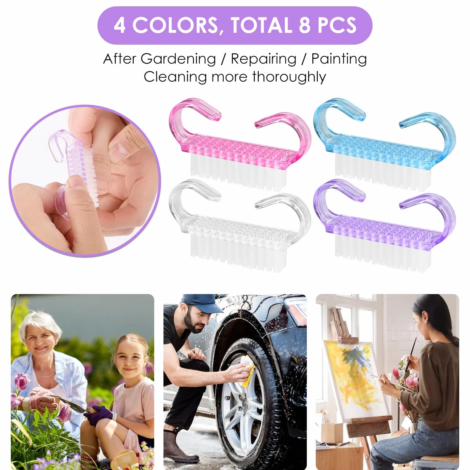 Szczotka do czyszczenia paznokci z uchwytem, szczotka do czyszczenia paznokci, szczotka do manicure, narzędzie do szorowania stóp i paznokci, do użytku domowego i ogrodu, 8 szt