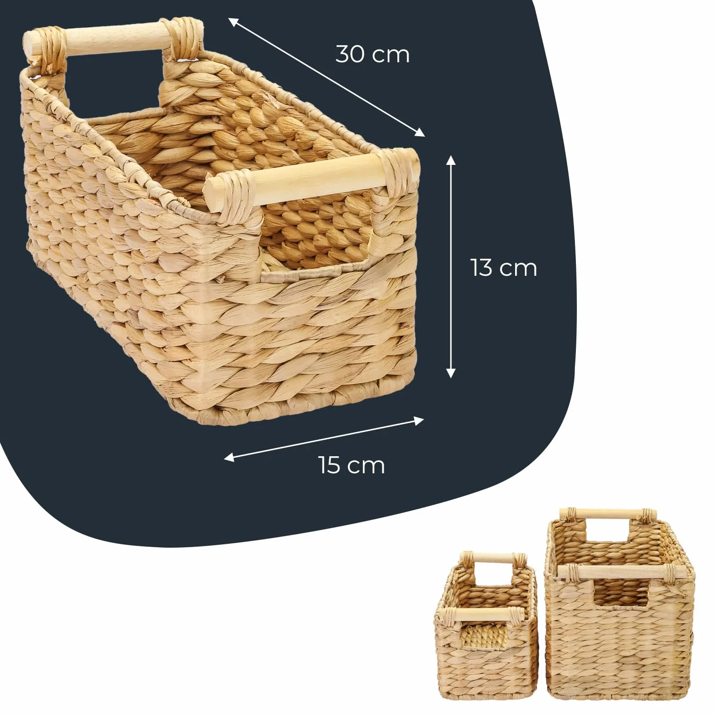 HMF Kosz do przechowywania pleciony z hiacyntu wodnego, kosz dekoracyjny z drewnianymi uchwytami do przechowywania rzeczy w łazience, salonie, kuchni | 30 x 15 x 13 cm | naturalny