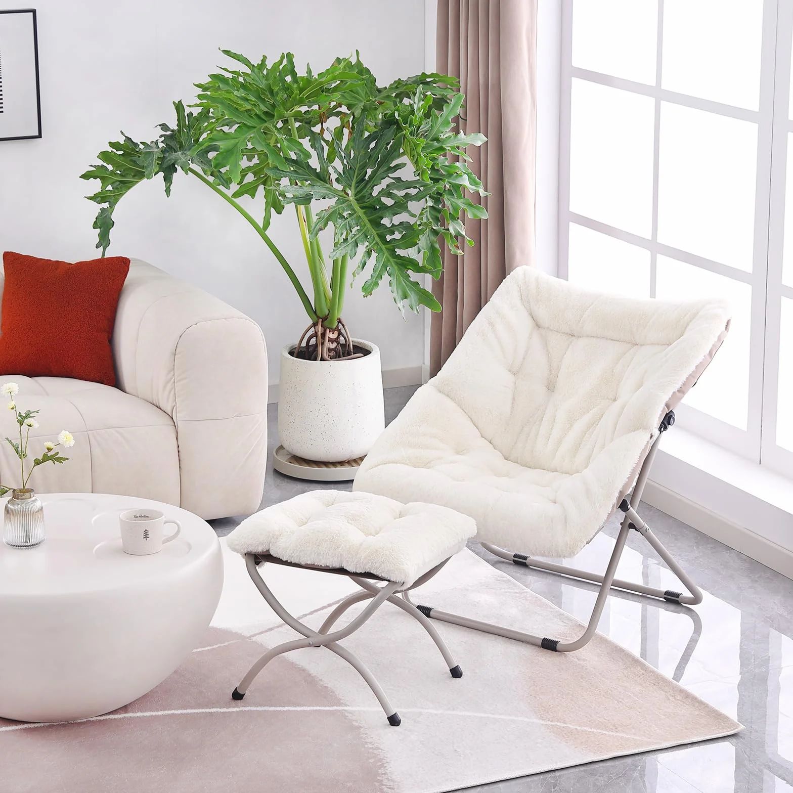 Welnow Comfy Saucer Chair with Otoman, Oversized Folding Fur Chair Soft Furry Lounge Lazy Chair with Metal Frame Moon Chair Accent Chair for Bedroom, Living Room, Dorm Rooms, Beige