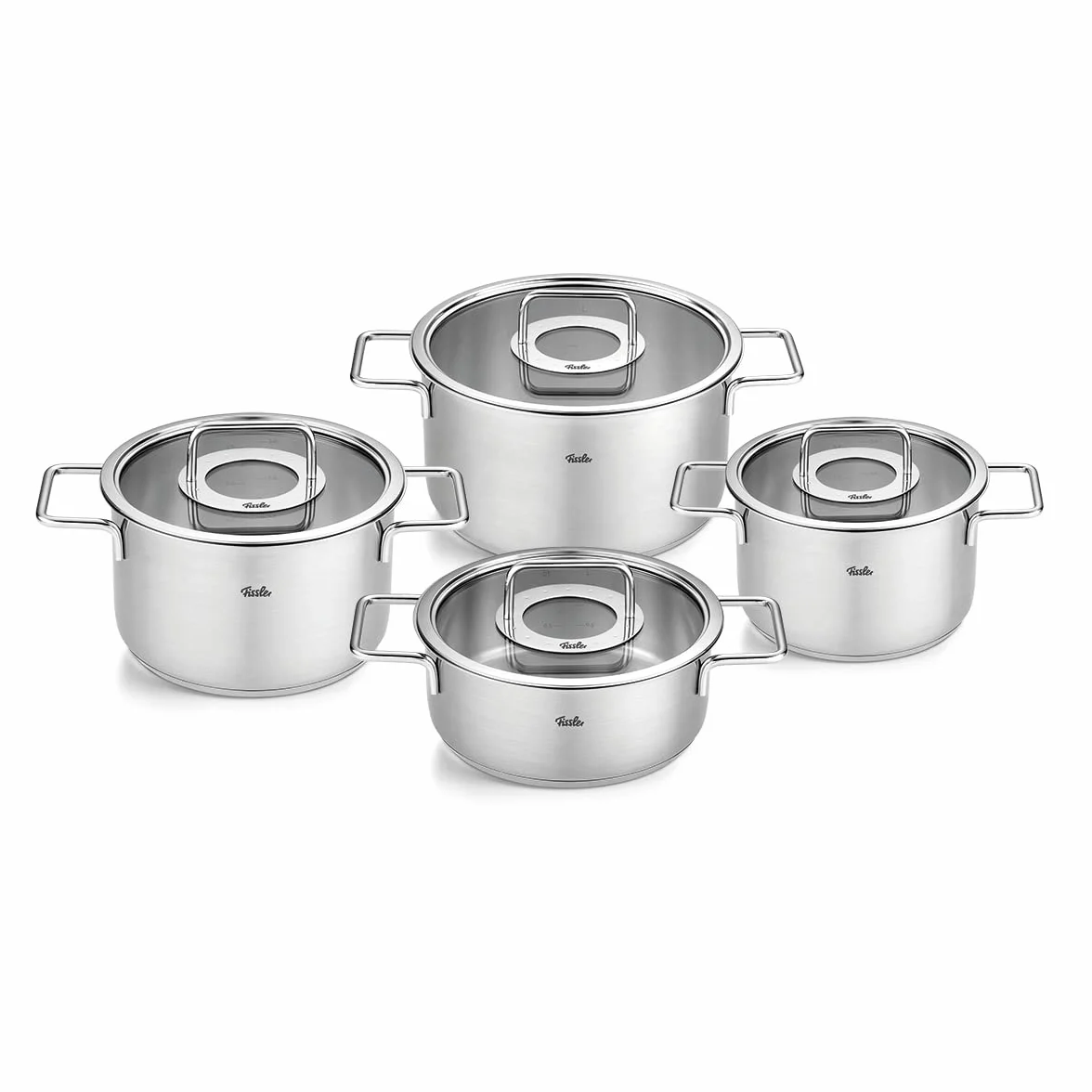 Fissler Pure Collection zestaw garnków ze stali nierdzewnej, 4-częściowy, garnki ze szklaną pokrywką (3 garnki, 1 garnek do pieczenia) - indukcja, srebrny