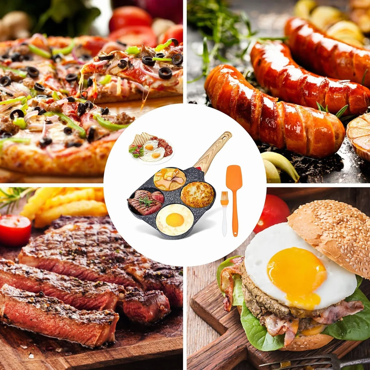 SPORWAY Nieprzywierająca patelnia naleśnikowa z omletem: 4 aluminiowe otwory do naleśników i hamburgerów, smażonych jajek, kuchenek gazowych i indukcyjnych