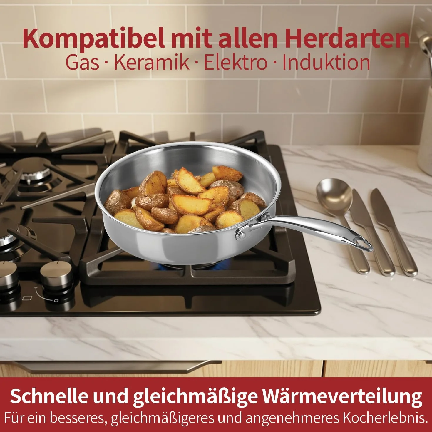 Stainless Steel Frying Pan 24 cm Non-Stick 3-Ply Induction with Aluminum Core Oven-Safe 260°C