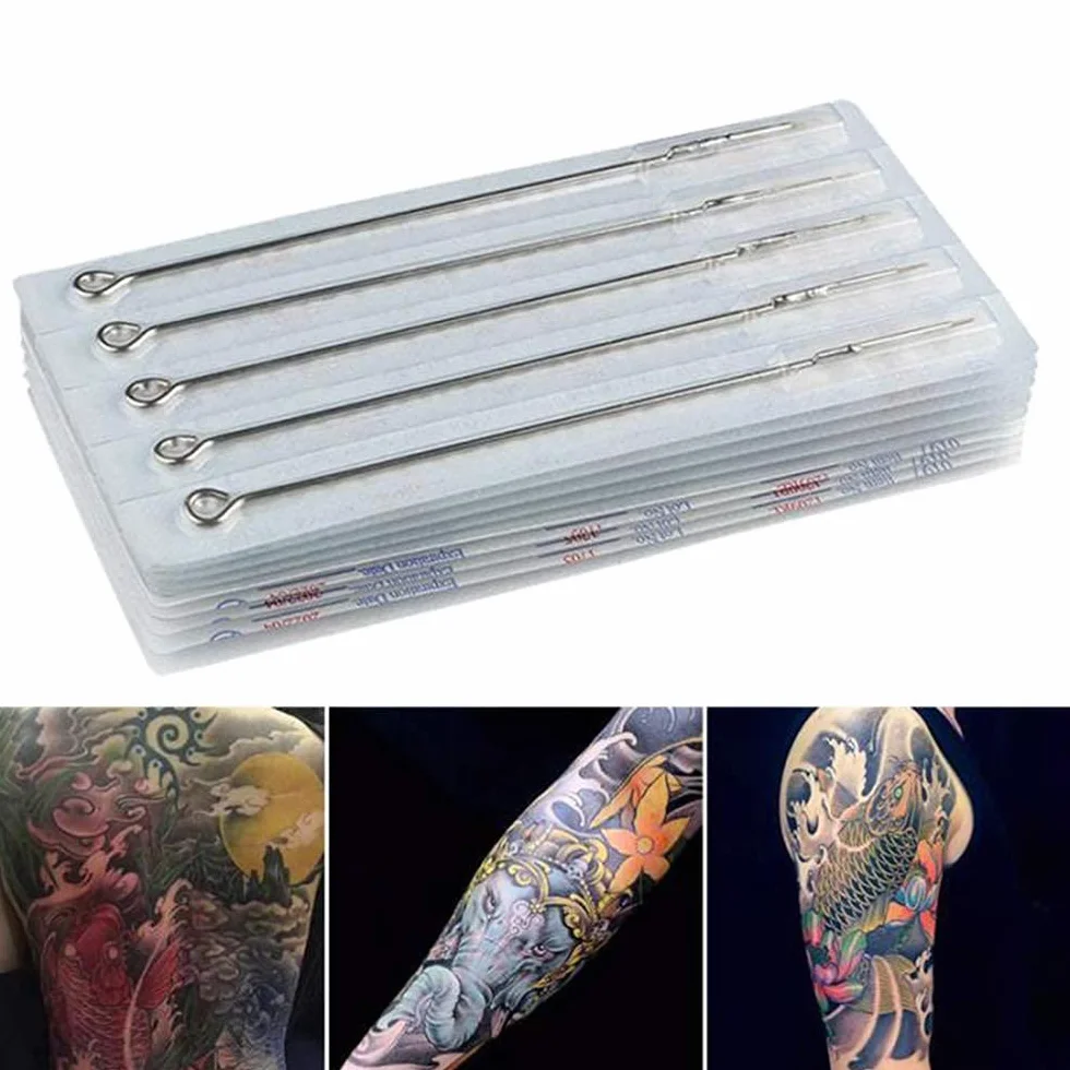 Voarge 50 sztuk sterylnych igieł do tatuażu w 5 typach, igły do samodzielnego tatuowania (1RL/3RL/5RL/7RL/9RL)