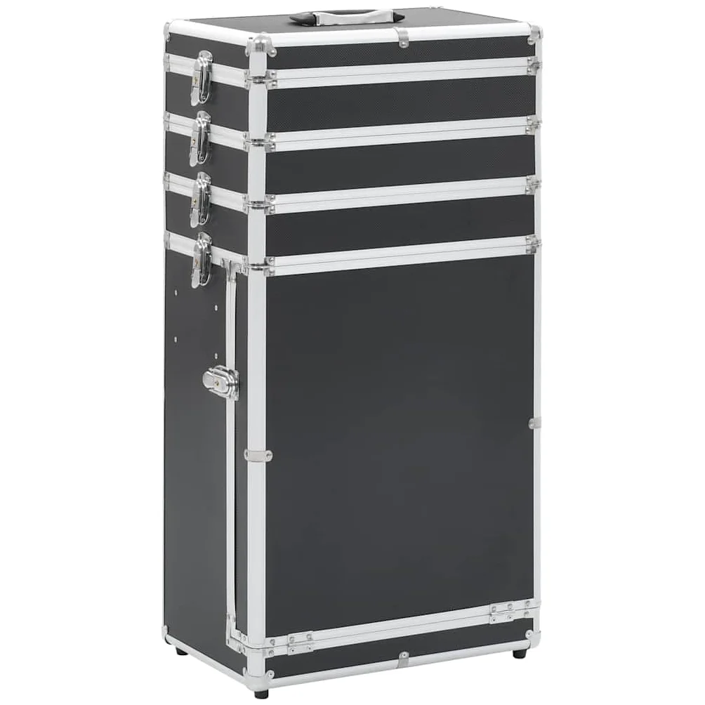 Walizka na kosmetyki aluminiowa czarna z 4 stopniami, 1 szuflada 37 x 24 x 74 cm, zdejmowane kółka, organizer do makijażu, produkt do pielęgnacji, podróż, bagaż podręczny