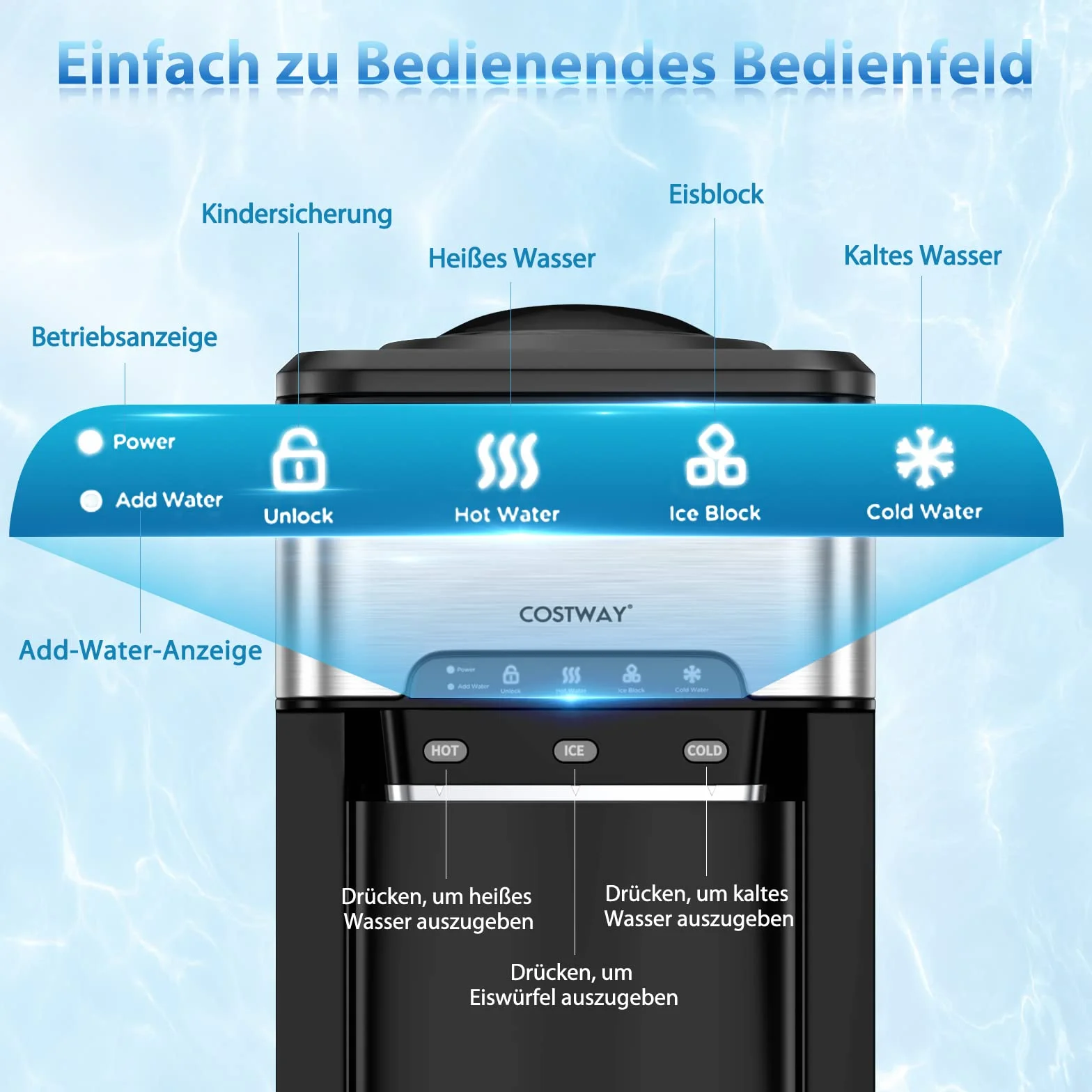 COSTWAY Maszyna do kostek lodu z gorącą i zimną wodą, 3 l, 19 kg/dzień