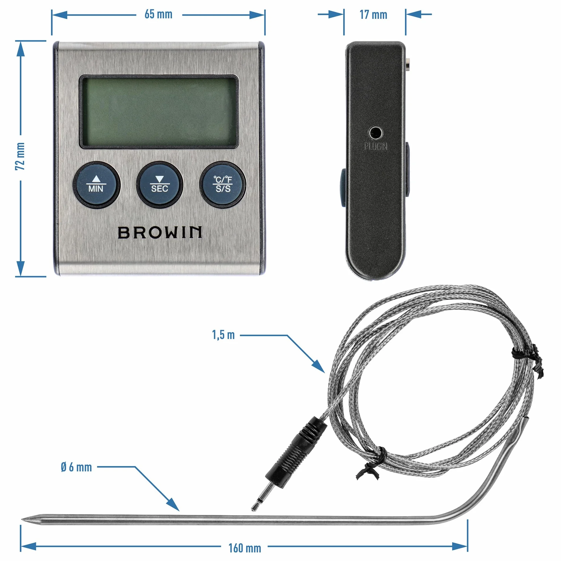 Browin Termometr do żywności z sondą ze stali nierdzewnej 1,5 m 0-250°C Timer alarm