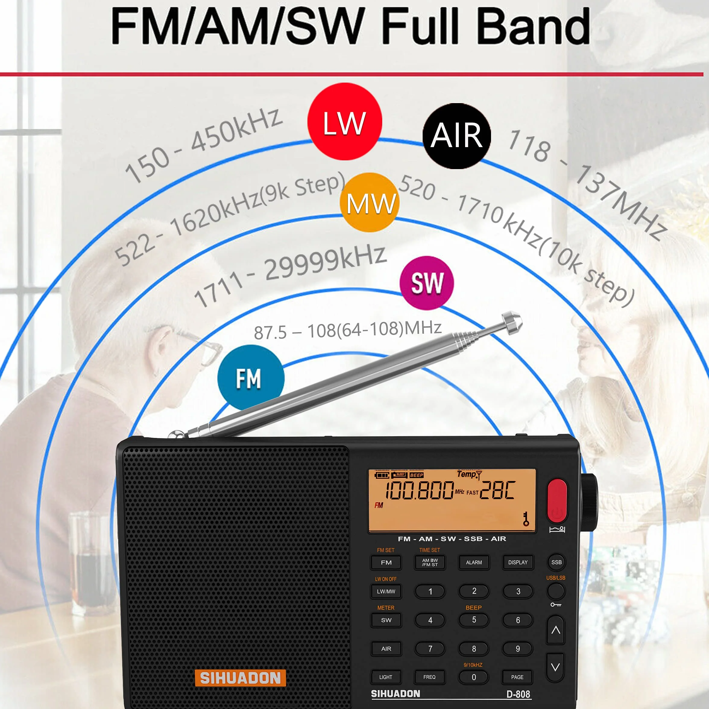 Przenośne radio cyfrowe SIHUADON D808 FM Stereofoniczny KW MW LW SSB AirBand wielopasmowy głośnik radiowy wyświetlacz LCD budzik wyłącznik czasowy czarny