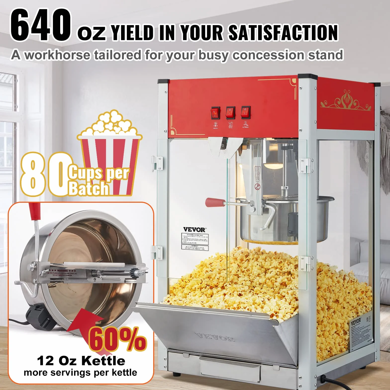 VEVOR Maszyna do popcornu – maszyna do popcornu 1440 W, z kociołkiem o pojemności 12 oz, na maks. 80 filiżanek na ładowanie, z hartowanego szkła i 3 łopatkami ze stali nierdzewnej