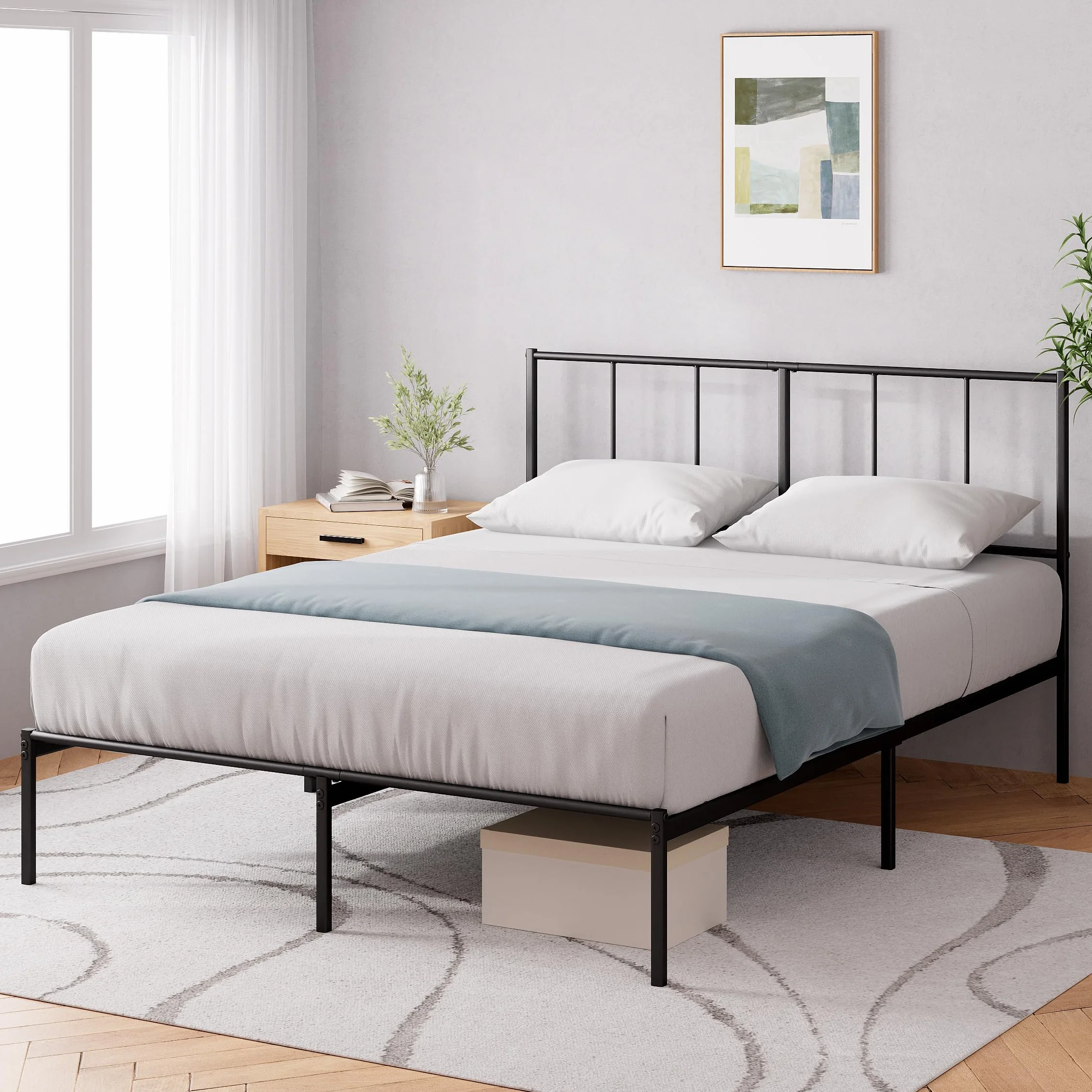 Zinus Justin Łóżko 200 x 140 cm – 35 cm wysokości – metalowa rama łóżka z zagłówkiem – metalowe łóżko ze stelażem – nie wymaga łóżka kontynentalnego, wolna przestrzeń pod łóżkiem, nowoczesne