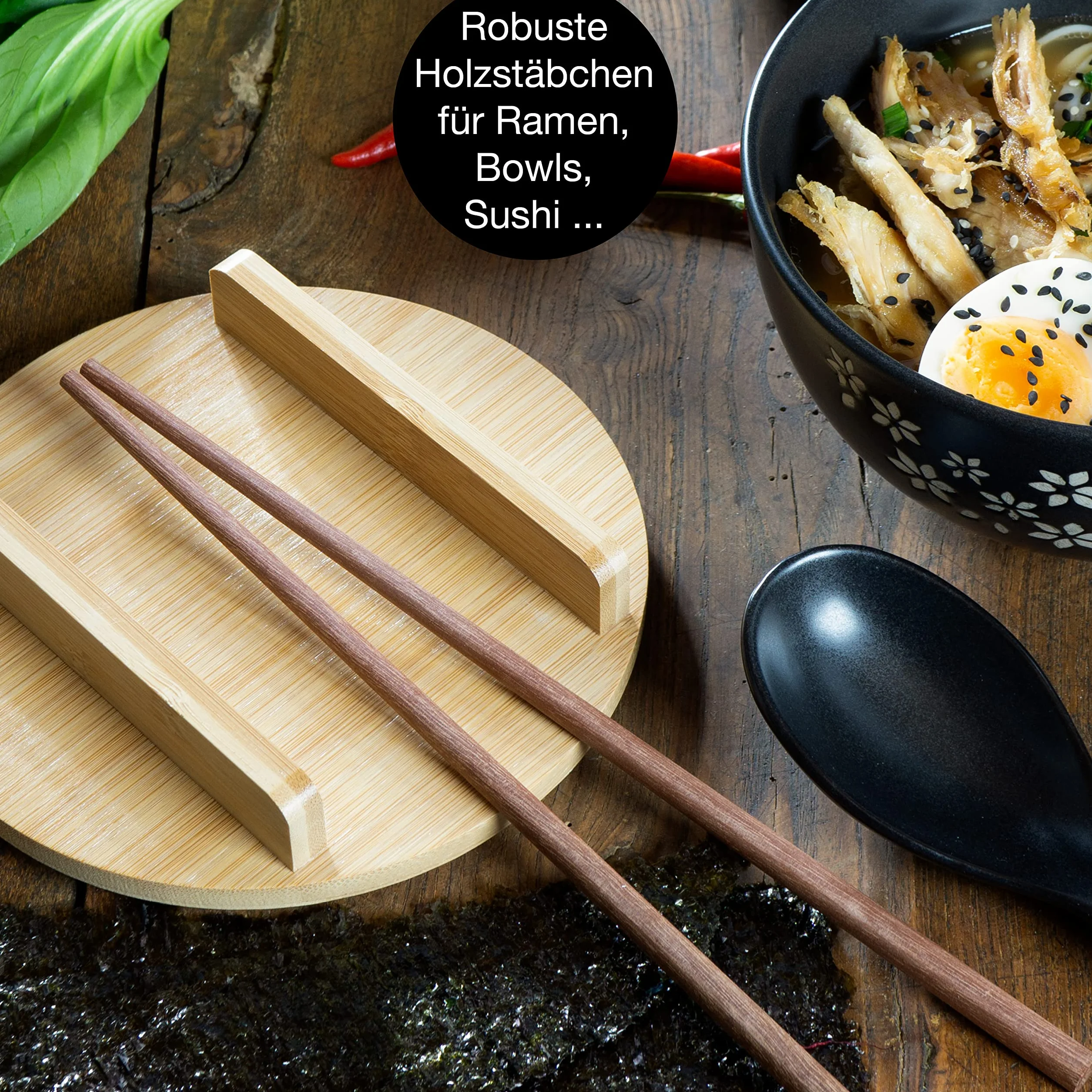 Moritz & Moritz Zestaw 4 ceramicznych misek ramenowych, 600 ml, Ø 15 cm, czarna, dla 4 osób, miska na zupę, Pho i Sushi Bowl, z pałeczkami, pokrywką i łyżką