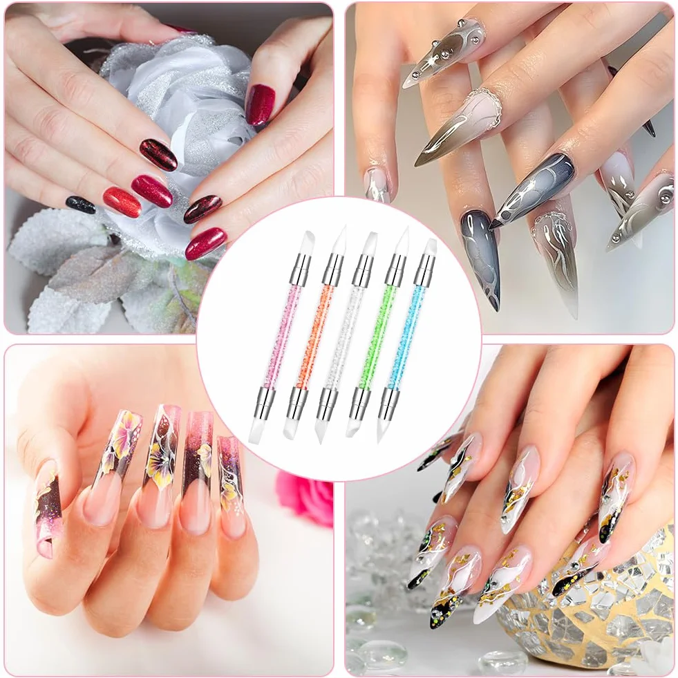 5 sztuk silikonowych pędzli, dwustronne pędzle do nail art, pędzle do zdobienia paznokci, zestaw pędzli do malowania i projektowania sztuki, narzędzie do punktowania i rysowania na paznokciach