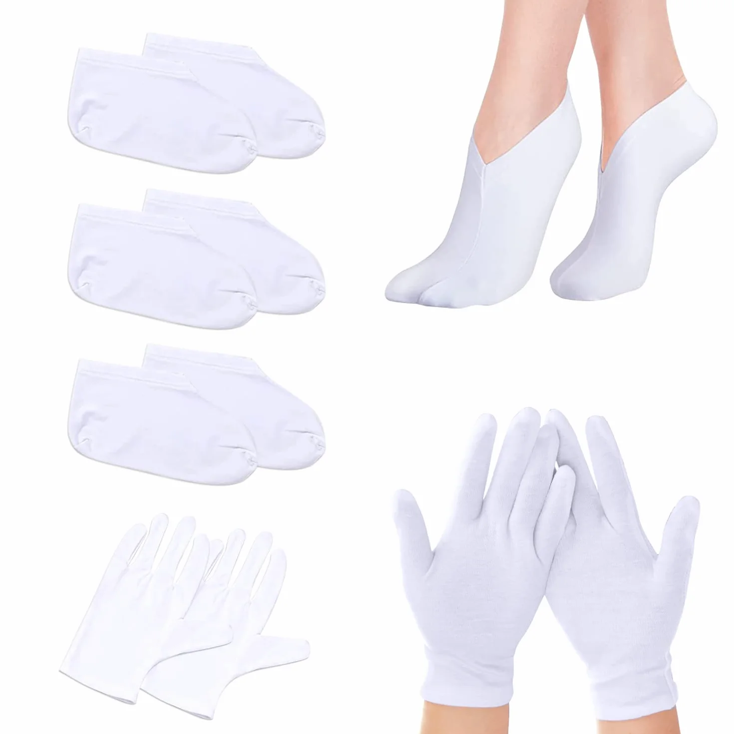 3 pary skarpet nawilżających, 1 para rękawiczek nawilżających, bawełniane skarpetki nawilżające, wygodne i oddychające skarpetki, skarpetki kosmetyczne, unisex (białe)