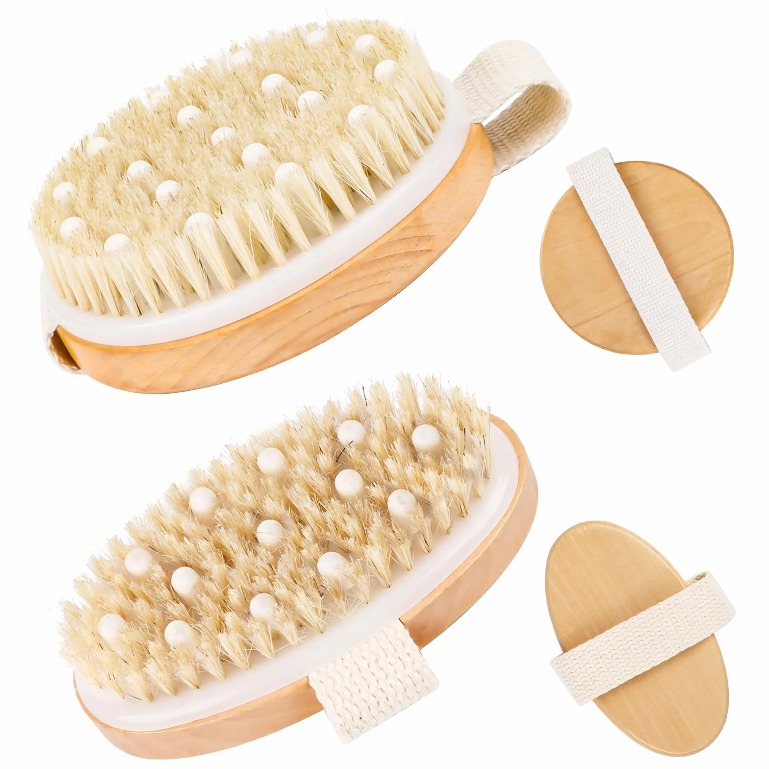 AKONE Sucha szczotka do drenażu limfatycznego, 2 sztuki, szczotka z włosia dzika, szczotka do masażu ciała, peeling, cellulit, poprawia krążenie krwi, okrągła szczotka do masażu ręcznego 11 cm